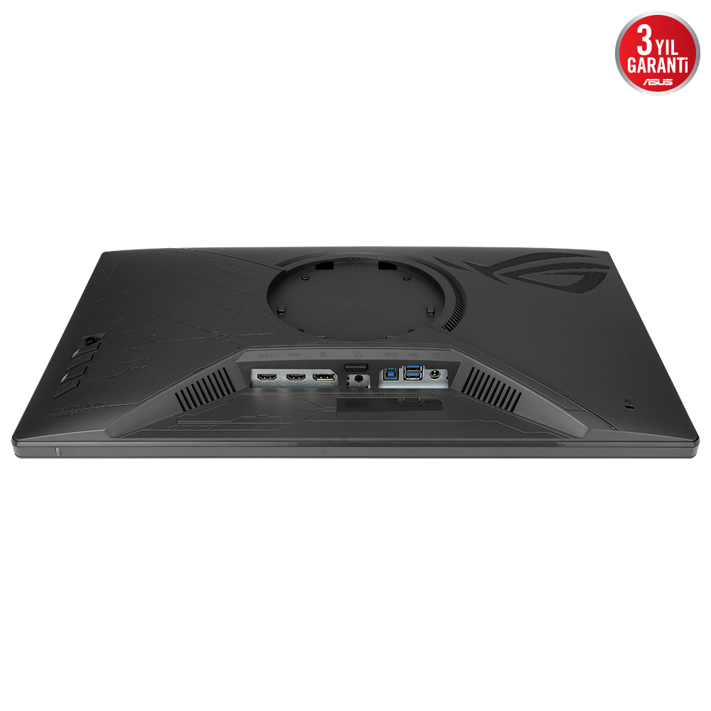 Siyah bir monitörün arka görünümü. Bağlantı noktalarını ve ASUS logosunu gösterir. 3 yıl garanti etiketi.