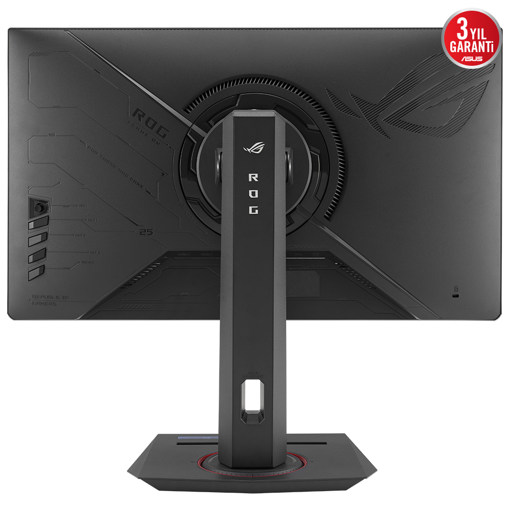 ROG monitörün arkası, standı. ROG markasını ve tasarımını içerir.