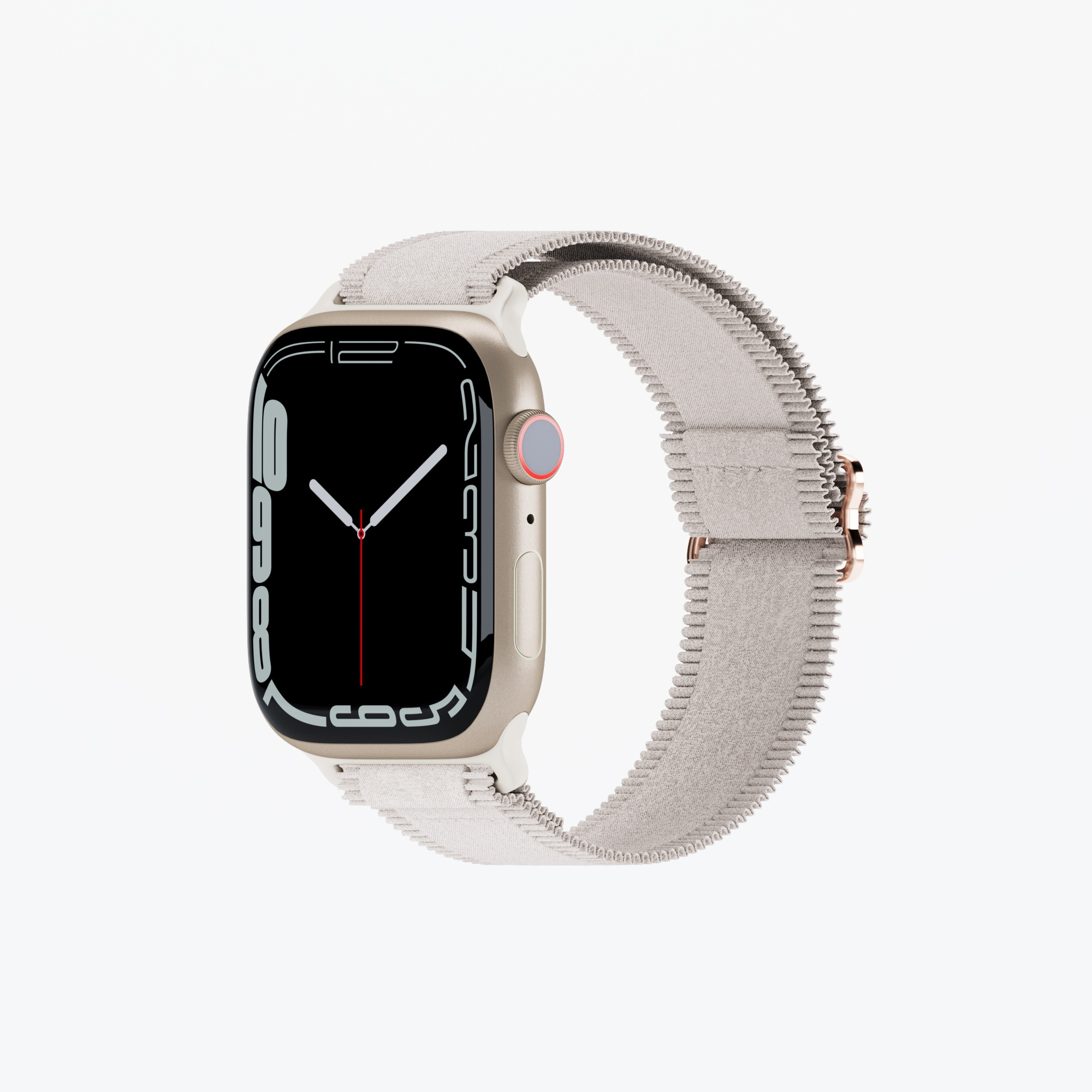Açık gri kayışlı altın Apple Watch. Kadran, beyaz ve kırmızı detaylara sahip siyah renktedir.