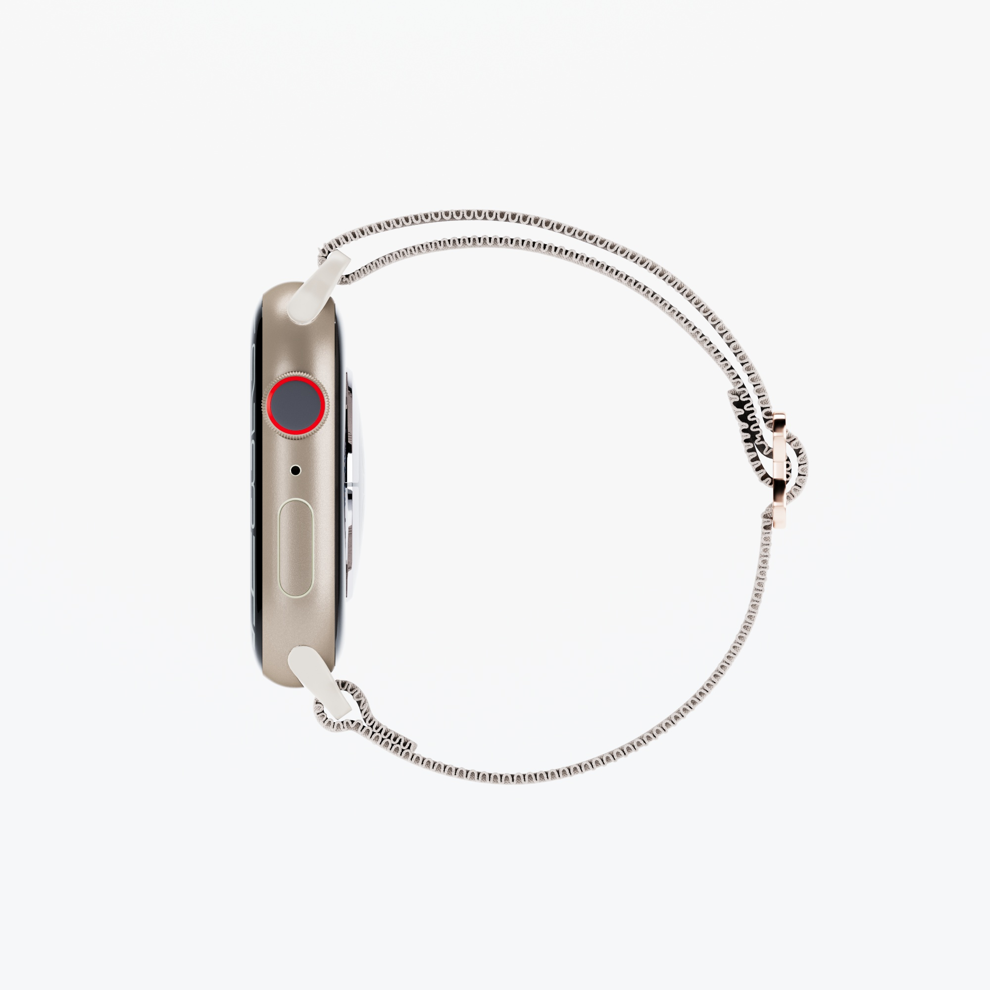 Bir Apple Watch, yan görünüm, gümüş kayışlı altın kasa, beyaz bir arka plan üzerinde.
