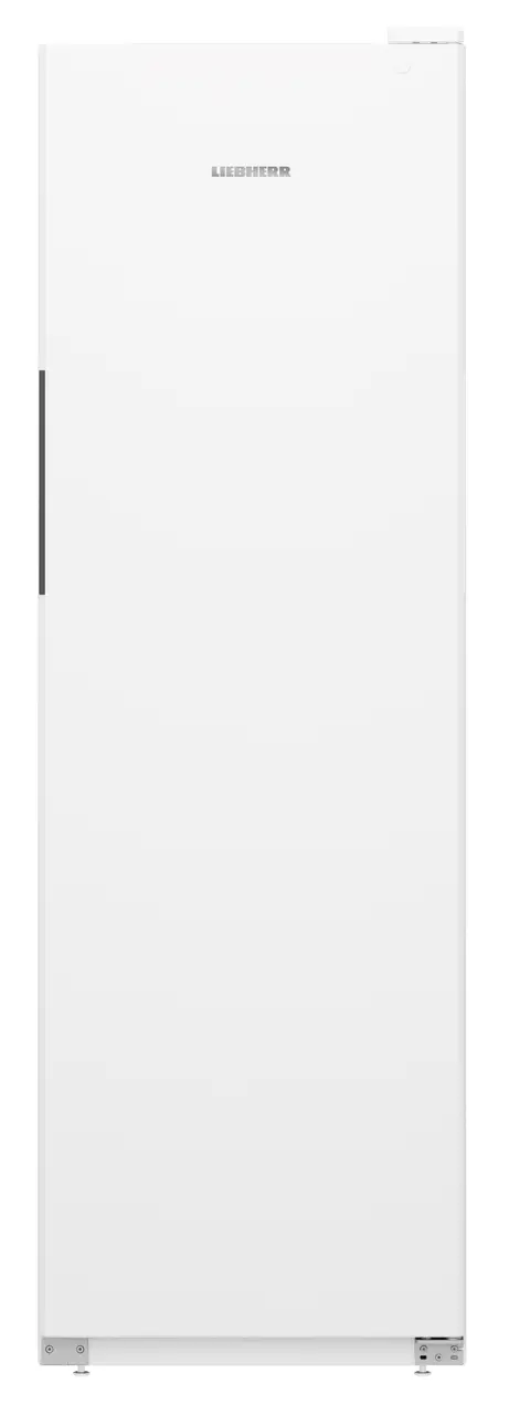 Weißer Kühlschrank mit Liebhherr-Logo auf weißem Hintergrund.