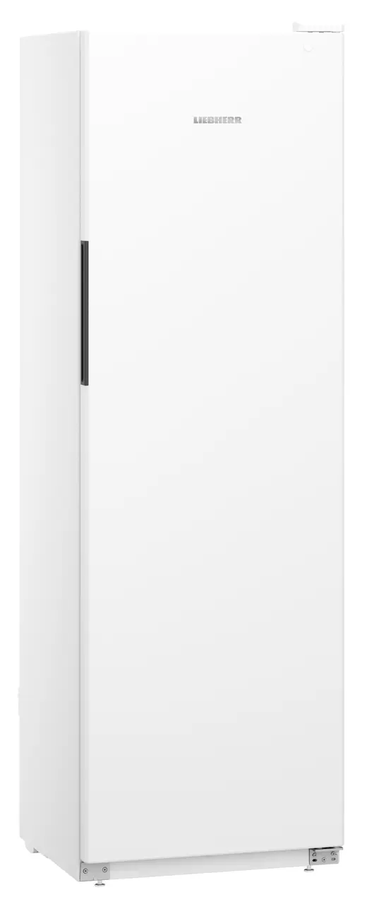 Weißer Kühlschrank mit schwarzem Griff. Weißer Hintergrund.