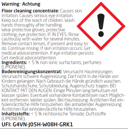 Warnhinweis mit Informationen über Bodenreinigungskonzentrat, einschließlich Gefahren und Anweisungen.