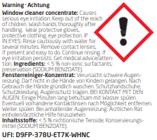 Warnhinweis: Fensterreiniger. Verursacht Augenreizung. Enthält Tenside und Konservierungsmittel.