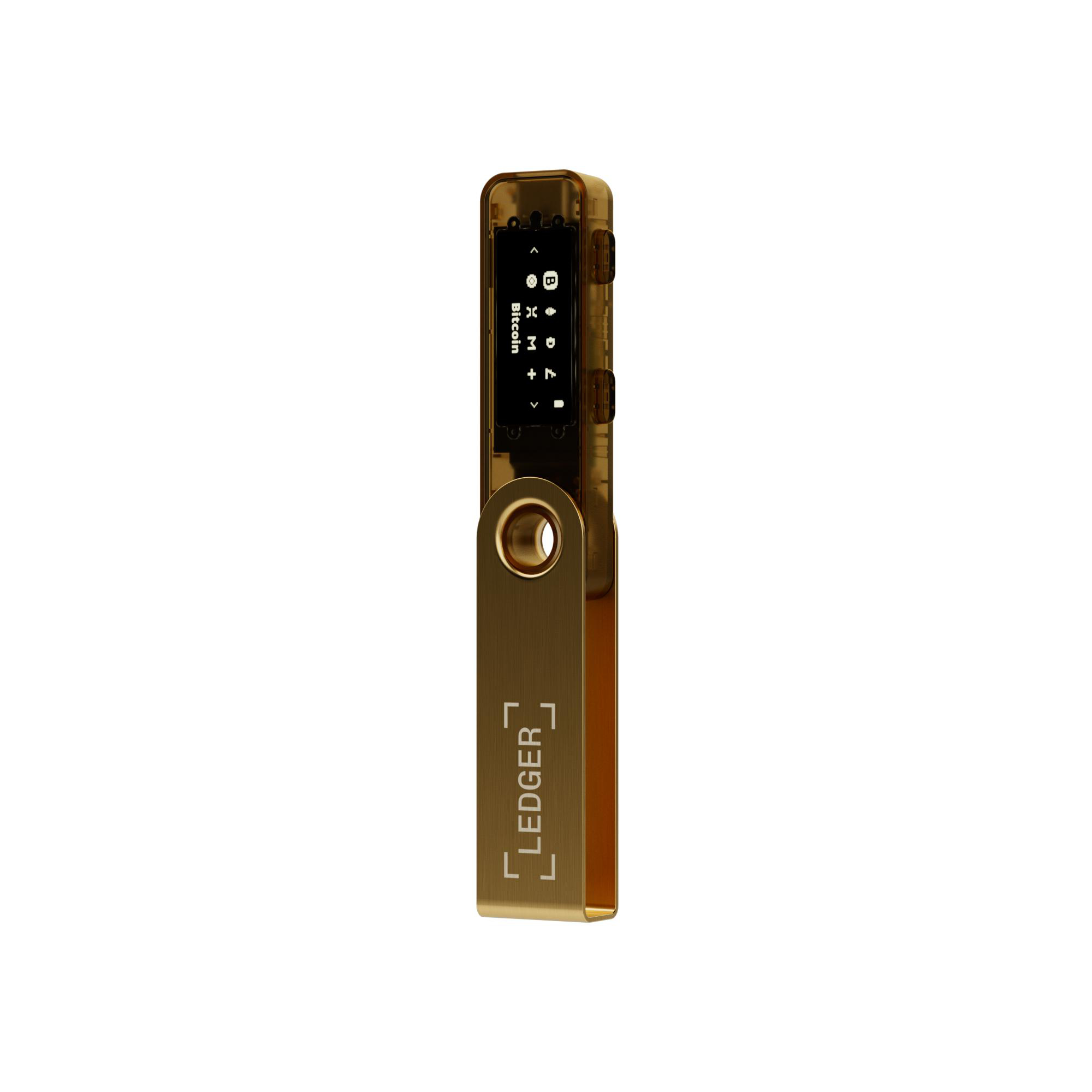 Ledger Hardware Wallet, goldfarben, Bildschirm zeigt Symbole und Text, freigestellt.