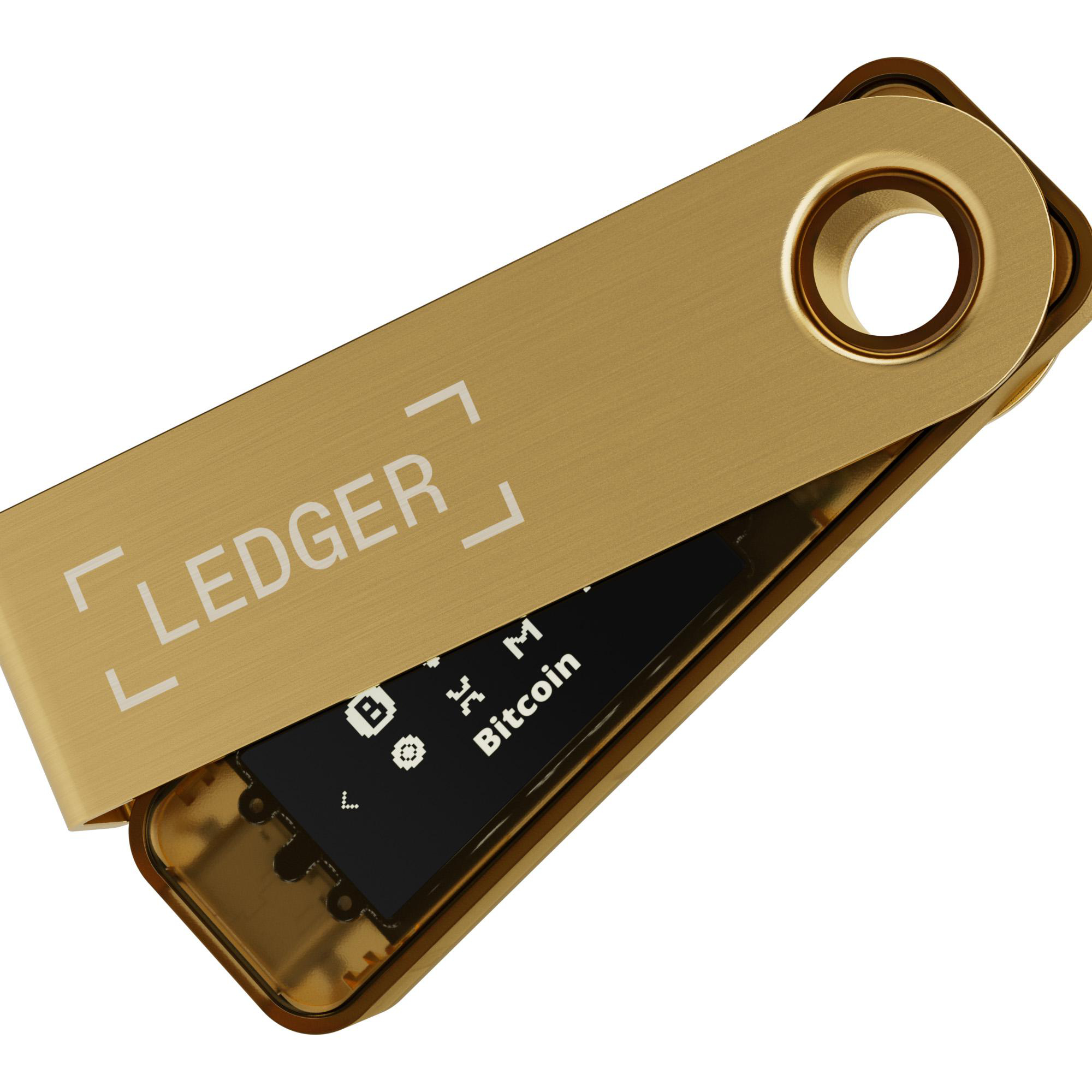 Goldfarbenes Ledger Hardware-Wallet, geöffnet, mit der schwarzen Platine im Inneren.