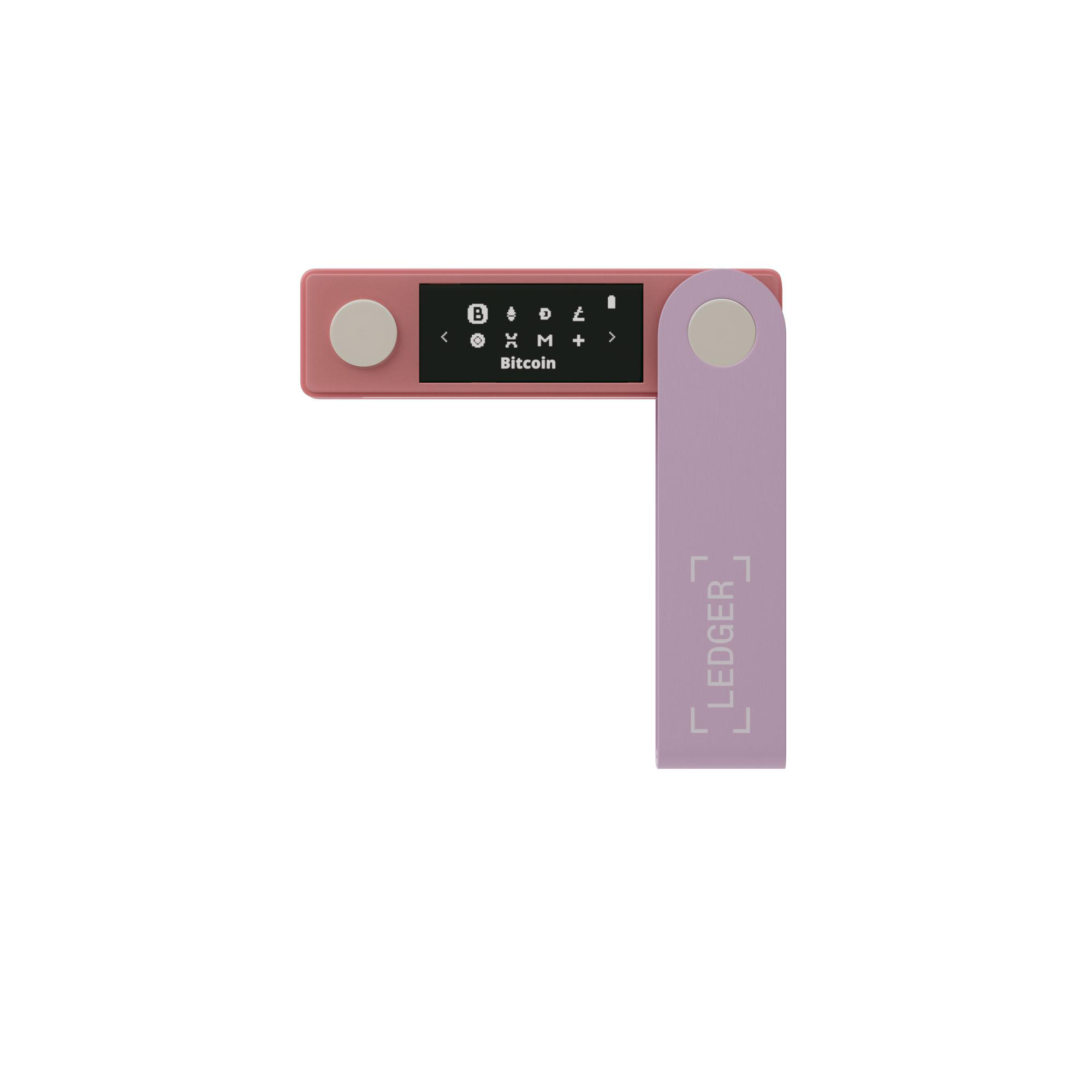 Ledger Nano X Wallet, pink und lila, geöffnet. Bitcoin-Logo auf dem Bildschirm, auf weißem Hintergrund.