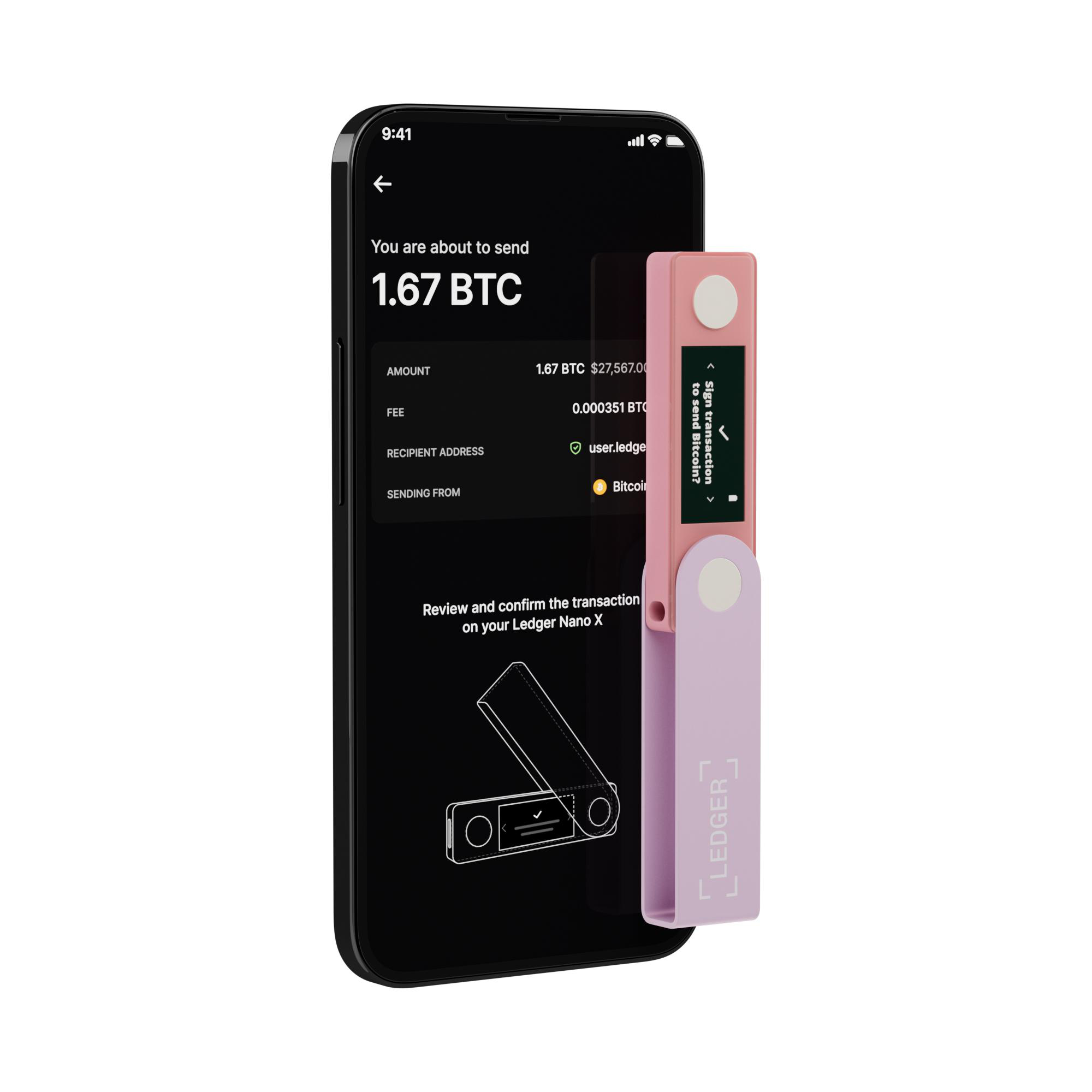 Pinkes Ledger Nano X, verbunden mit Telefon mit Bitcoin-Transaktion. Text: Transaktion signieren.