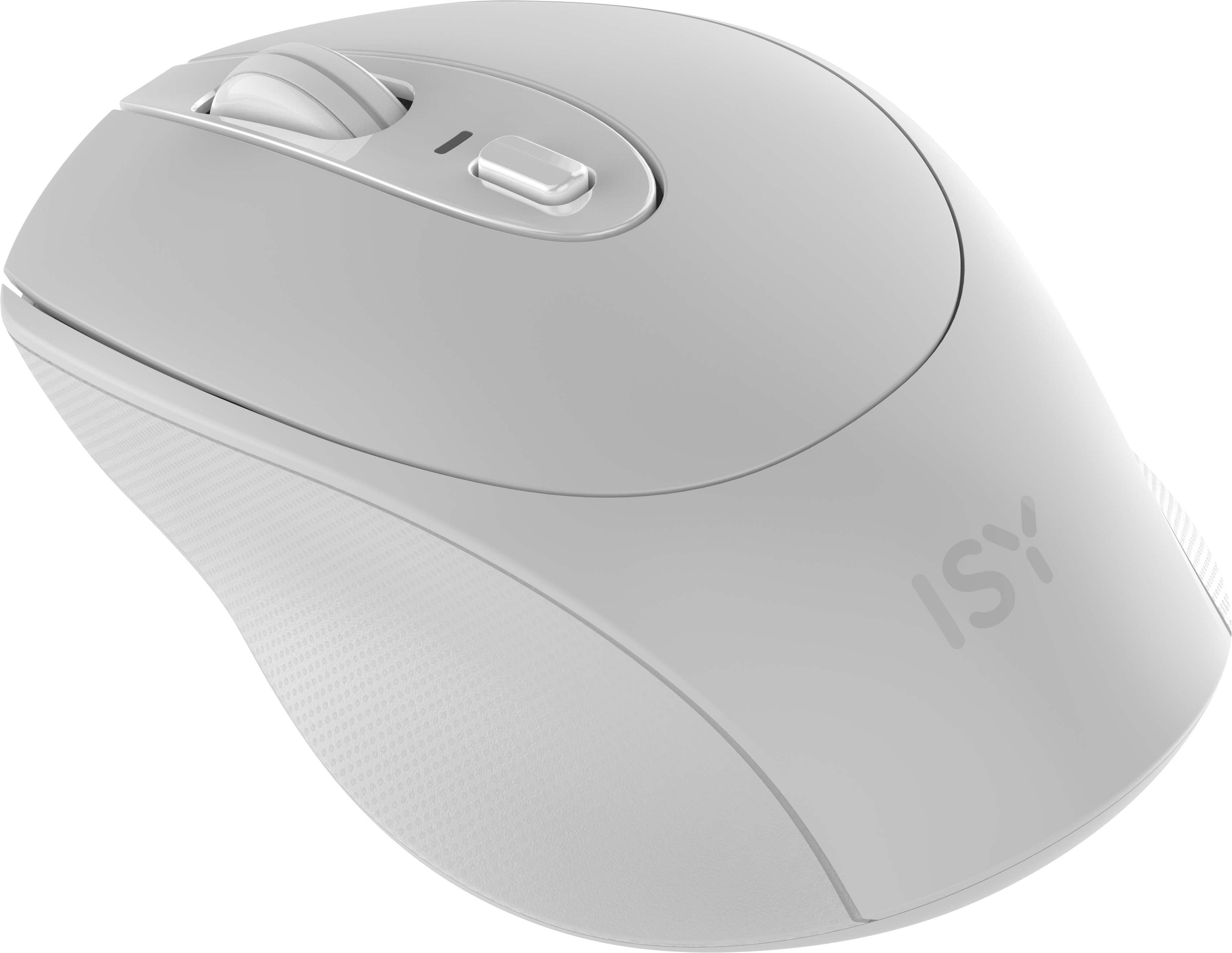 Mouse per computer bianco con rotella e pulsanti.
