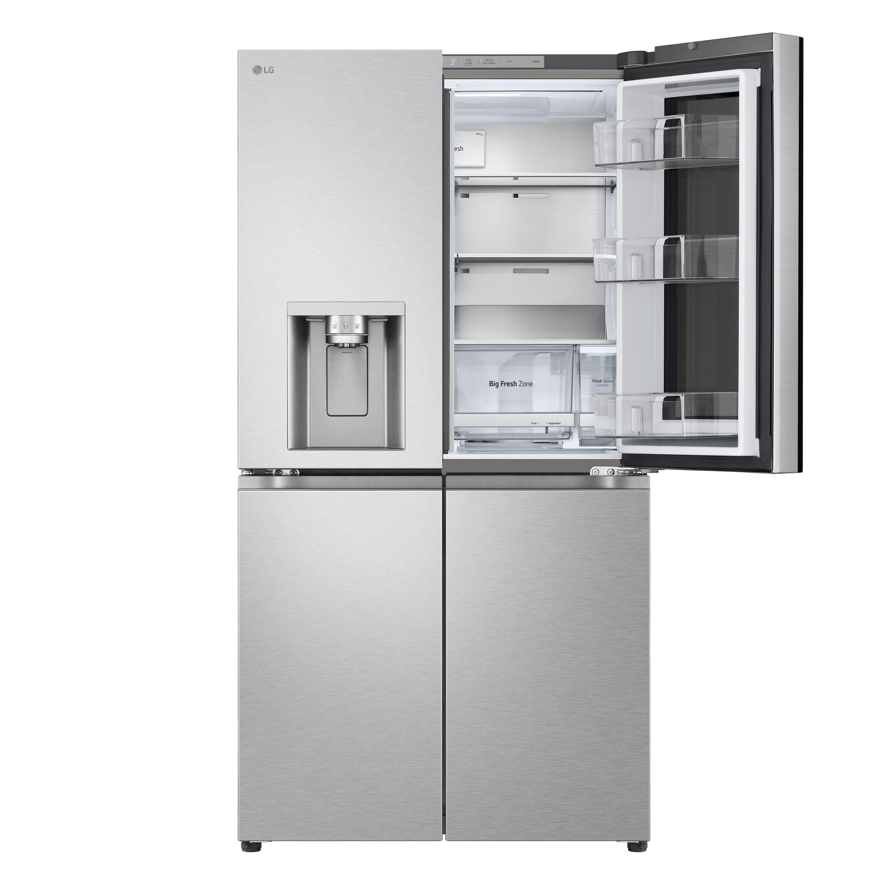 Ein Edelstahl-Kühlschrank von LG mit vier Türen; eine Tür ist geöffnet.