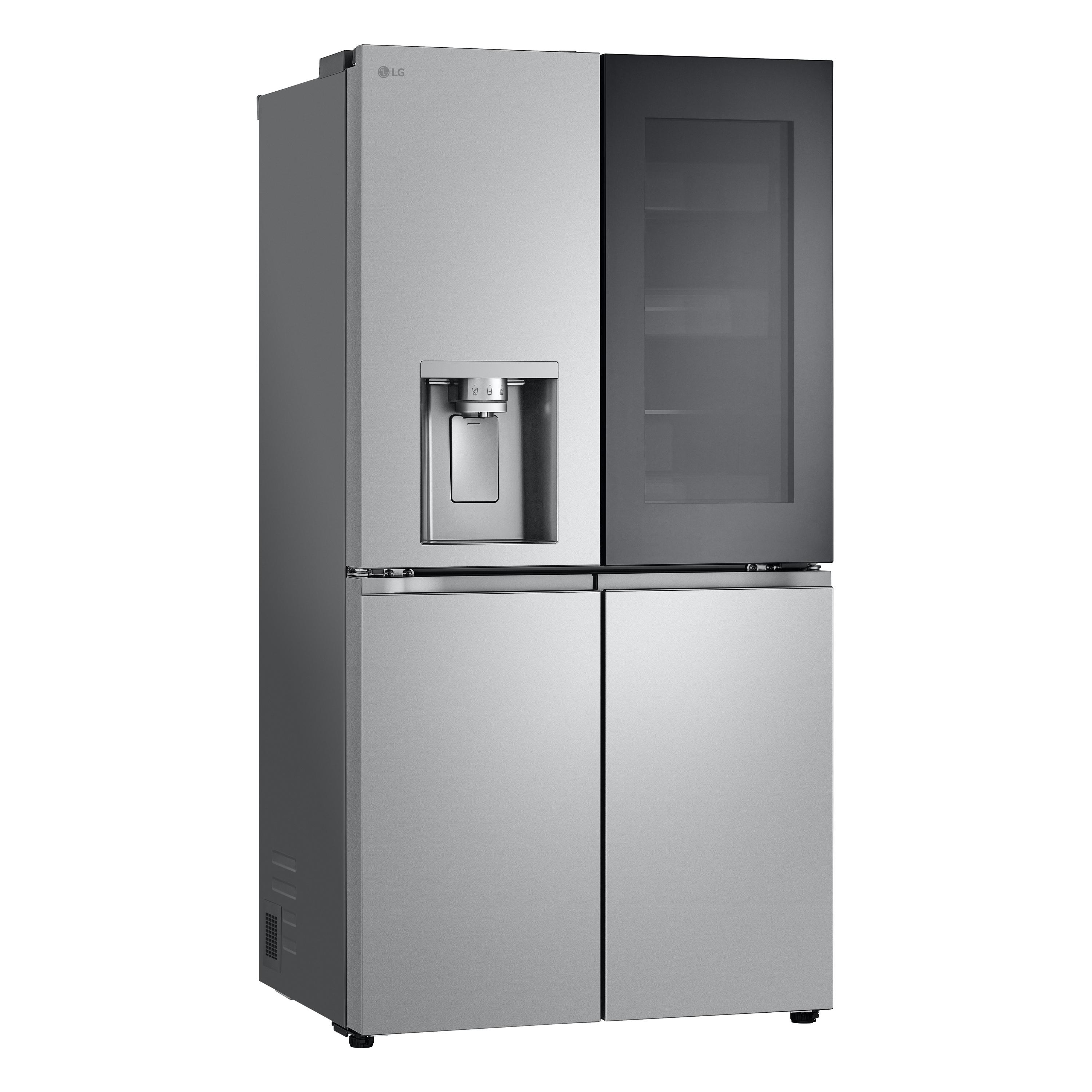 Silberner LG Kühlschrank mit vier Türen. Hat einen Wasserspender und eine Glastür.