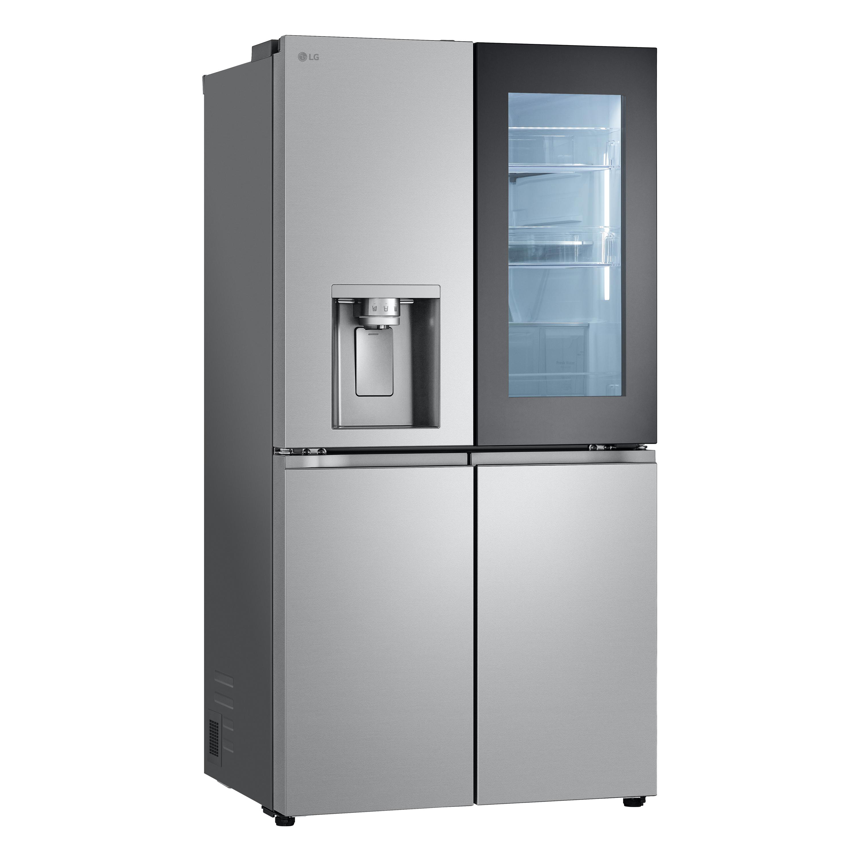 LG Kühlschrank aus Edelstahl mit Wasserspender. Die rechte Seite hat eine Glastür, die das Innere zeigt.
