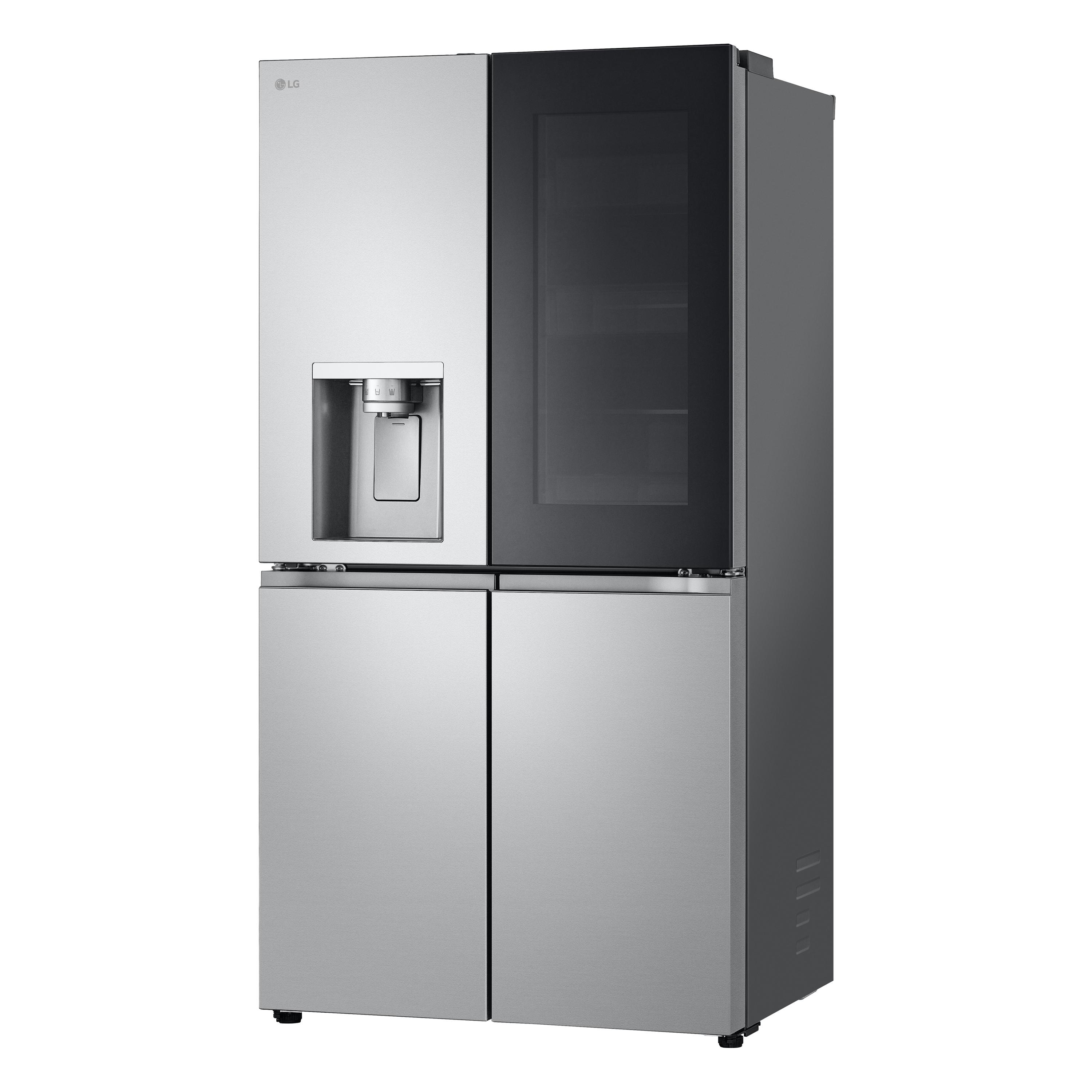 LG Kühlschrank, Edelstahl, vier Türen, Eis- und Wasserspender, freigestellt.