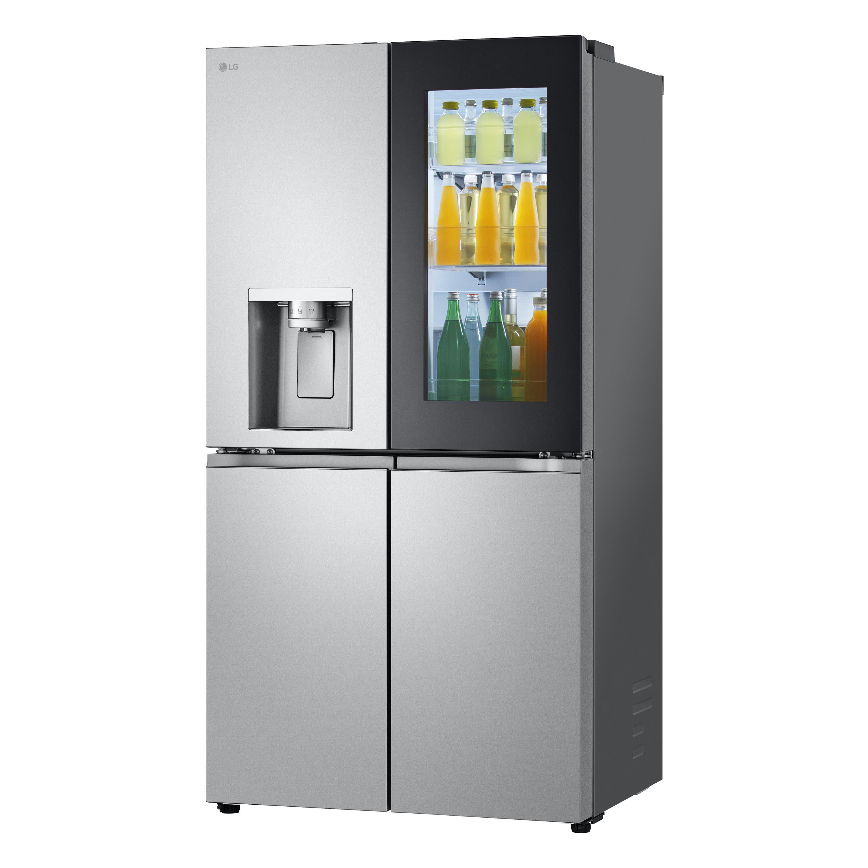 Silberner LG-Kühlschrank, viertürig. Obere Türen silbern, untere Türen silbern. Glastür oben rechts.