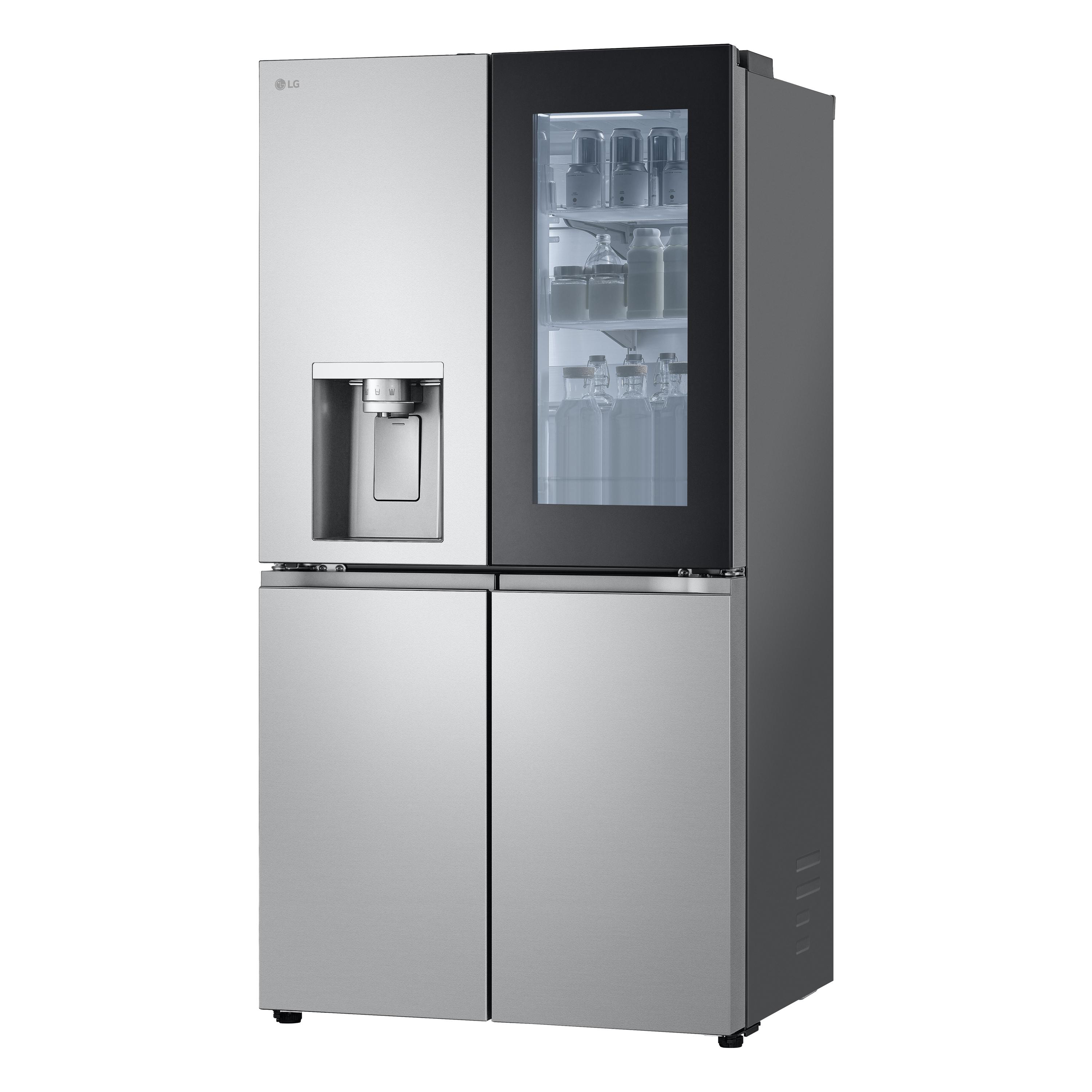 Ein silberner LG-Kühlschrank mit einem Glastürbereich.