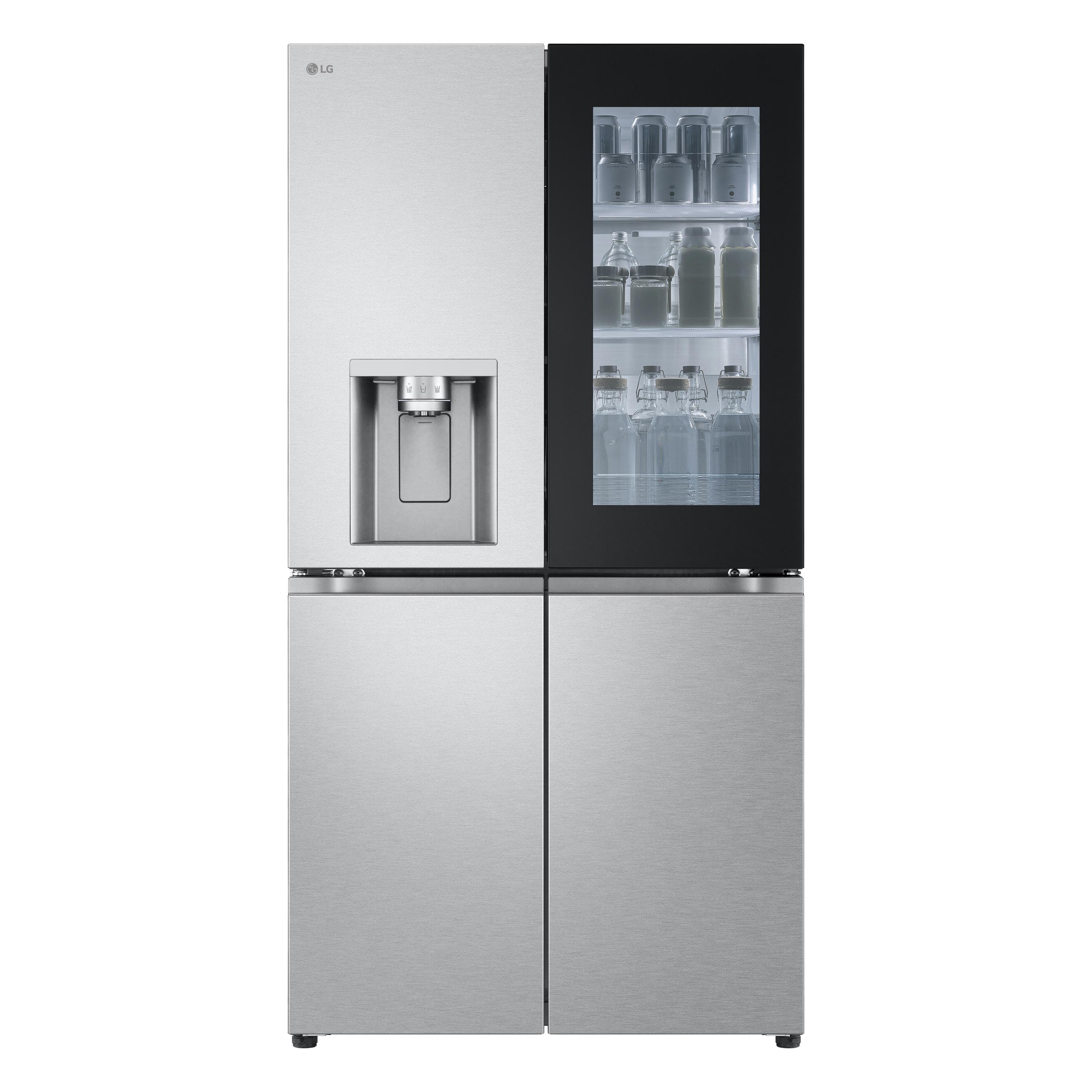 Ein Edelstahl-LG-Kühlschrank mit Glastürbereich. Mit Wasserspender und zwei Gefrierschubladen unten.