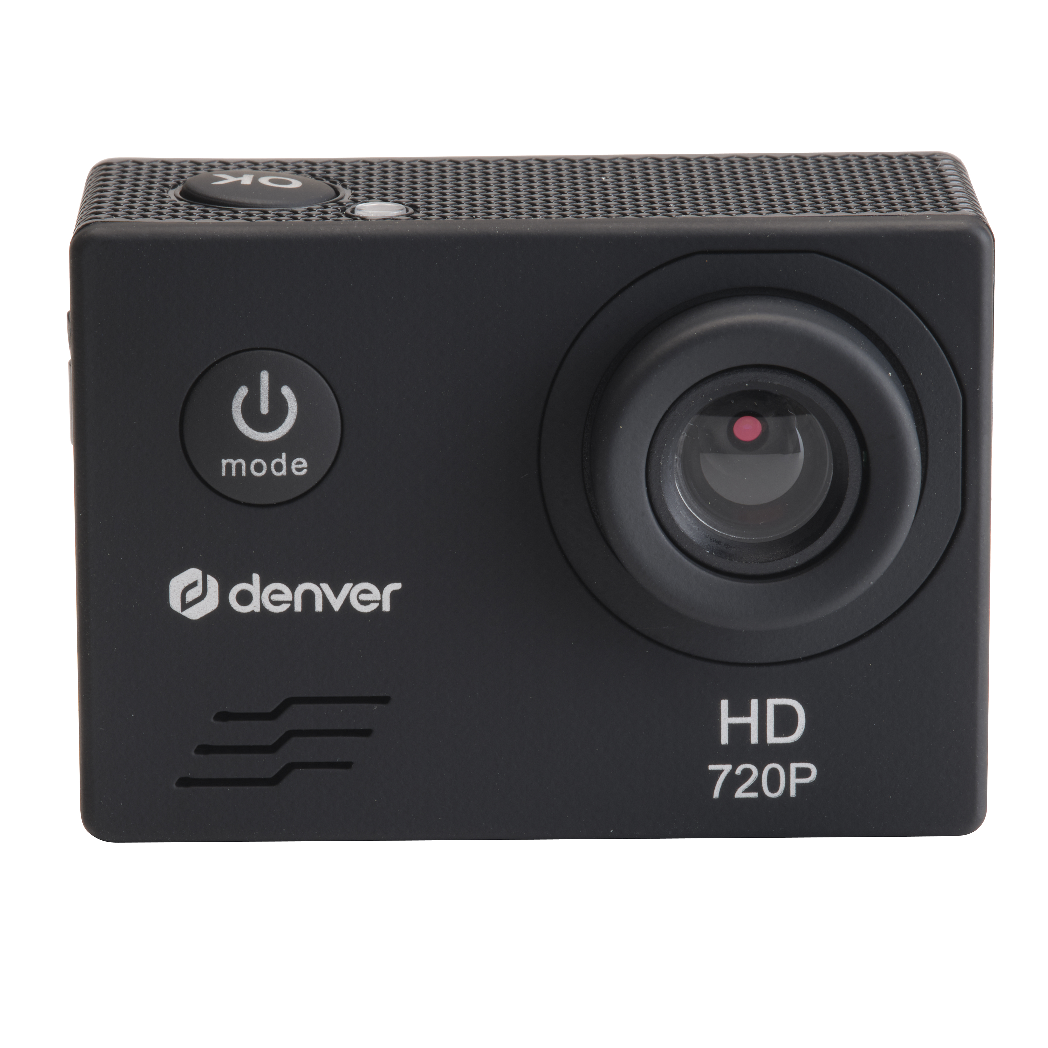 Schwarze Action-Kamera mit Knöpfen, einem Objektiv und Text 'HD 720P'. Die Marke 'Denver' ist sichtbar.