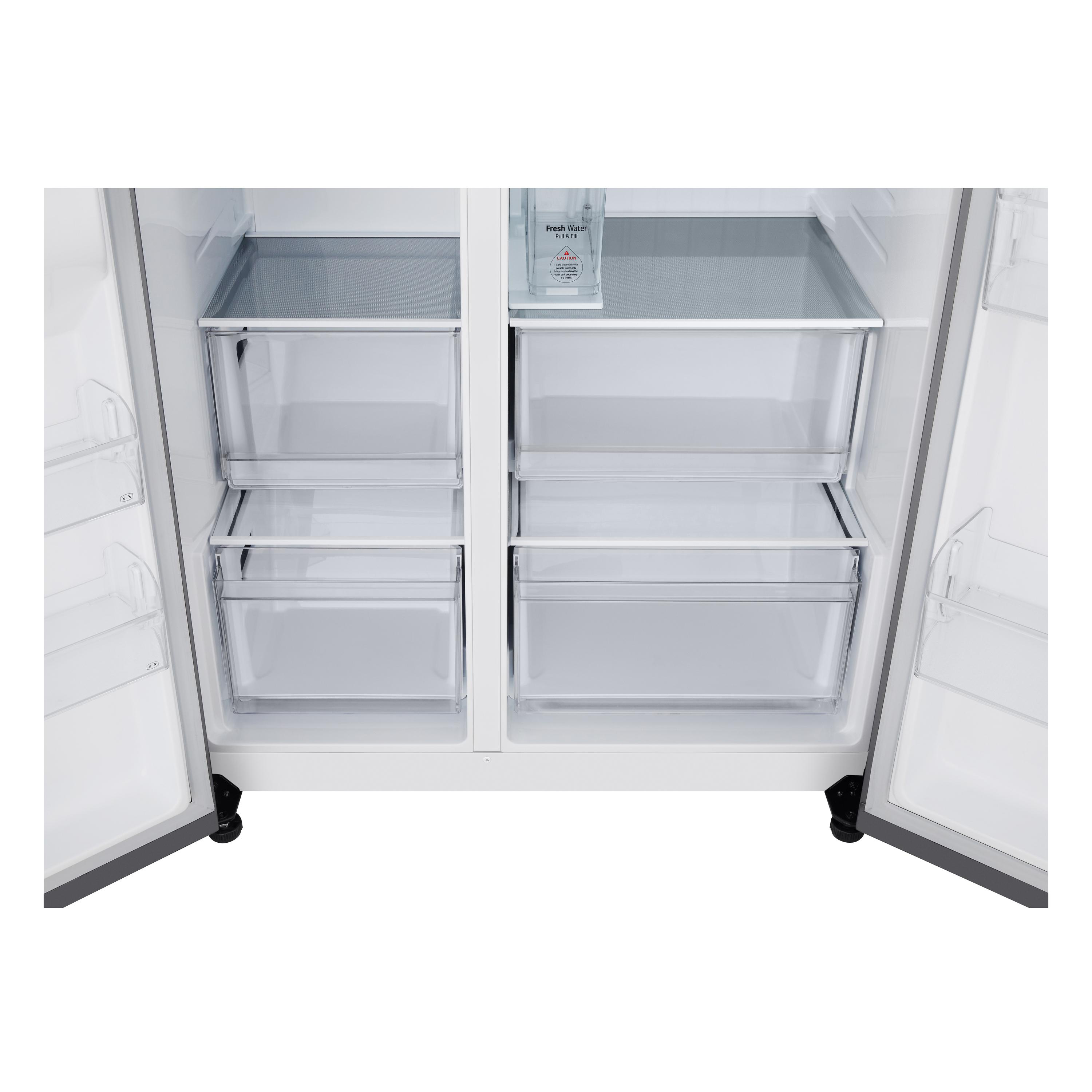 Offener Kühlschrank mit Regalen und Schubladen. Innenraum ist weiß mit transparenten Behältern.