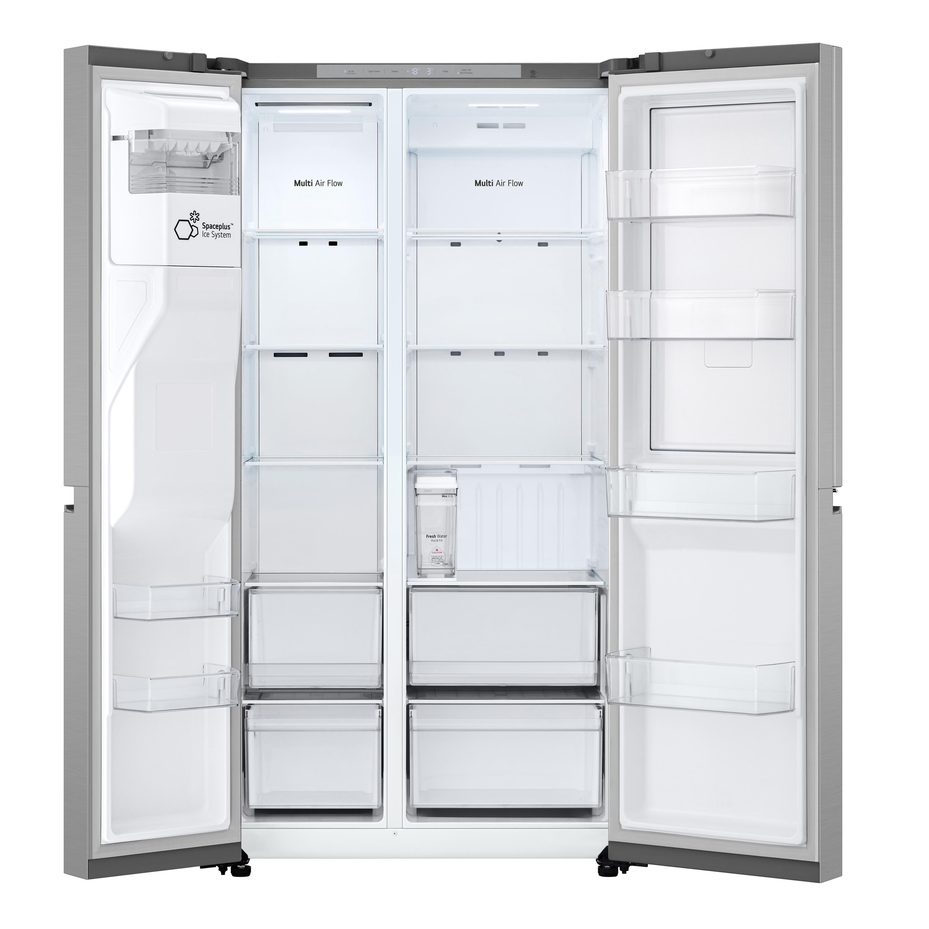 Geöffneter Side-by-Side-Kühlschrank mit Regalen und Schubladen, gefüllt mit Artikeln.