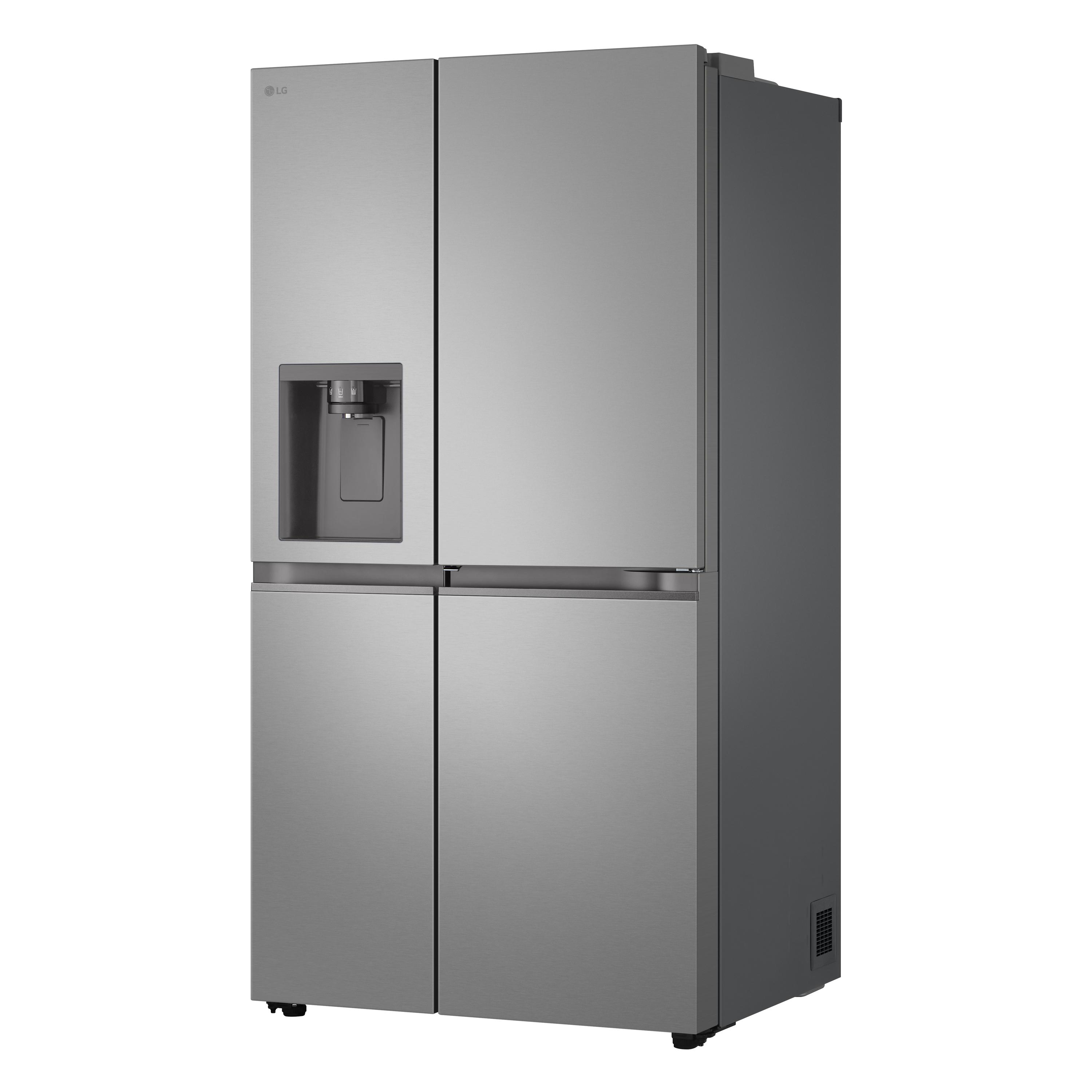 Ein Kühlschrank aus Edelstahl mit geschlossenen Türen und einem Wasserspender. Das Design ist modern und elegant.