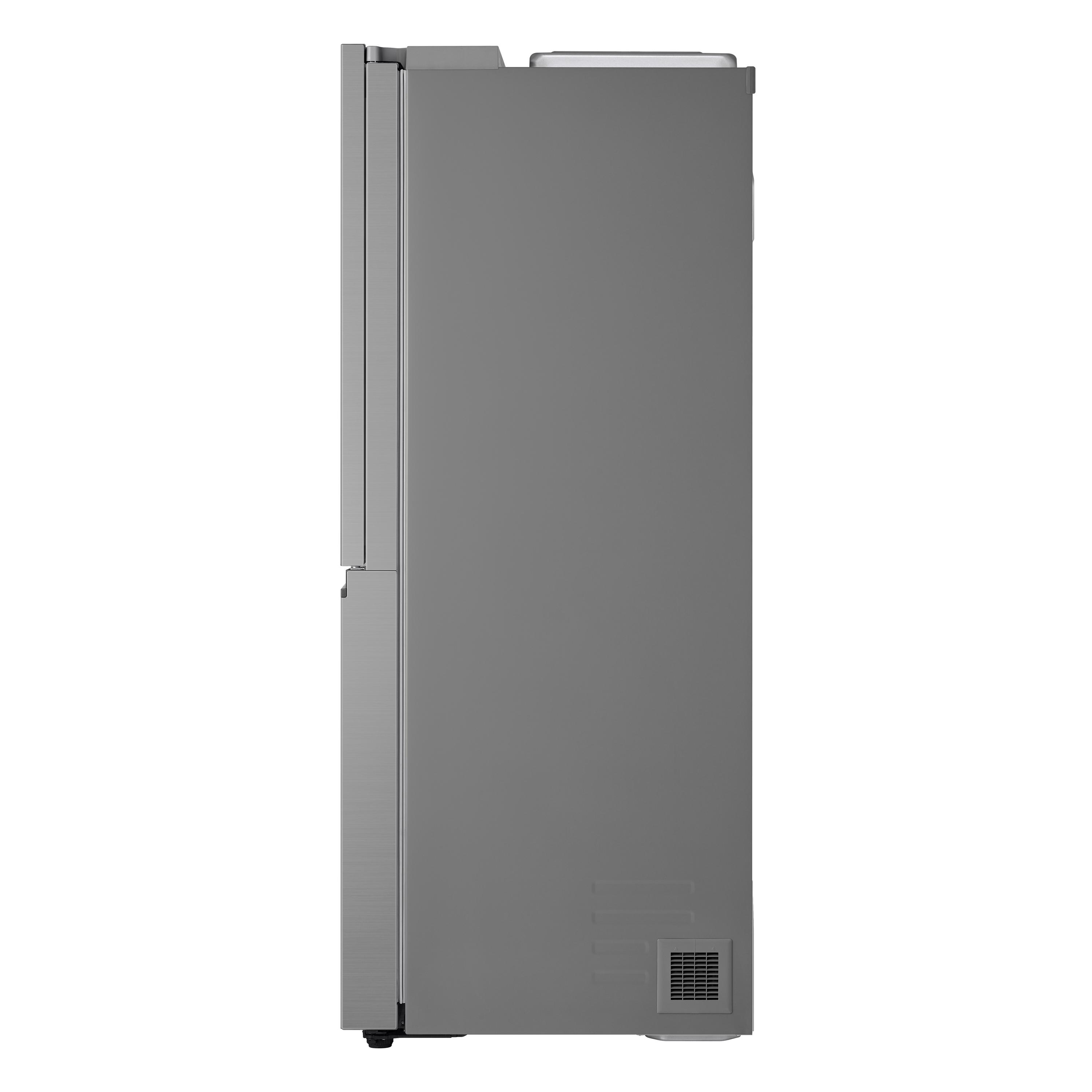 Ein grauer Kühlschrank, Seitenansicht. Er ist hoch und hat einen Türgriff.