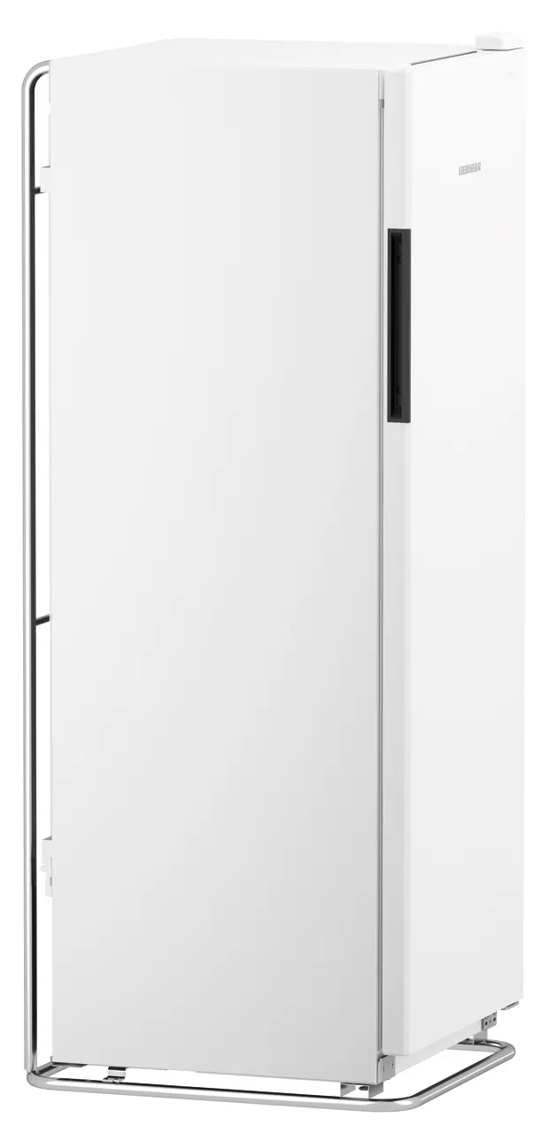 Ein weißer Kühlschrank mit schwarzem Griff und Metallakzenten, allein auf weißem Hintergrund.