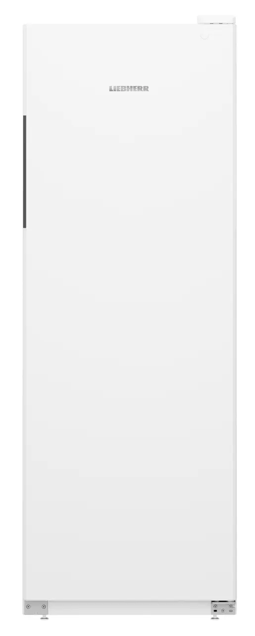 Ein weißer Liebherr-Kühlschrank. Er ist hoch mit einem schwarzen Griff auf der linken Seite. Der Markenname steht oben.