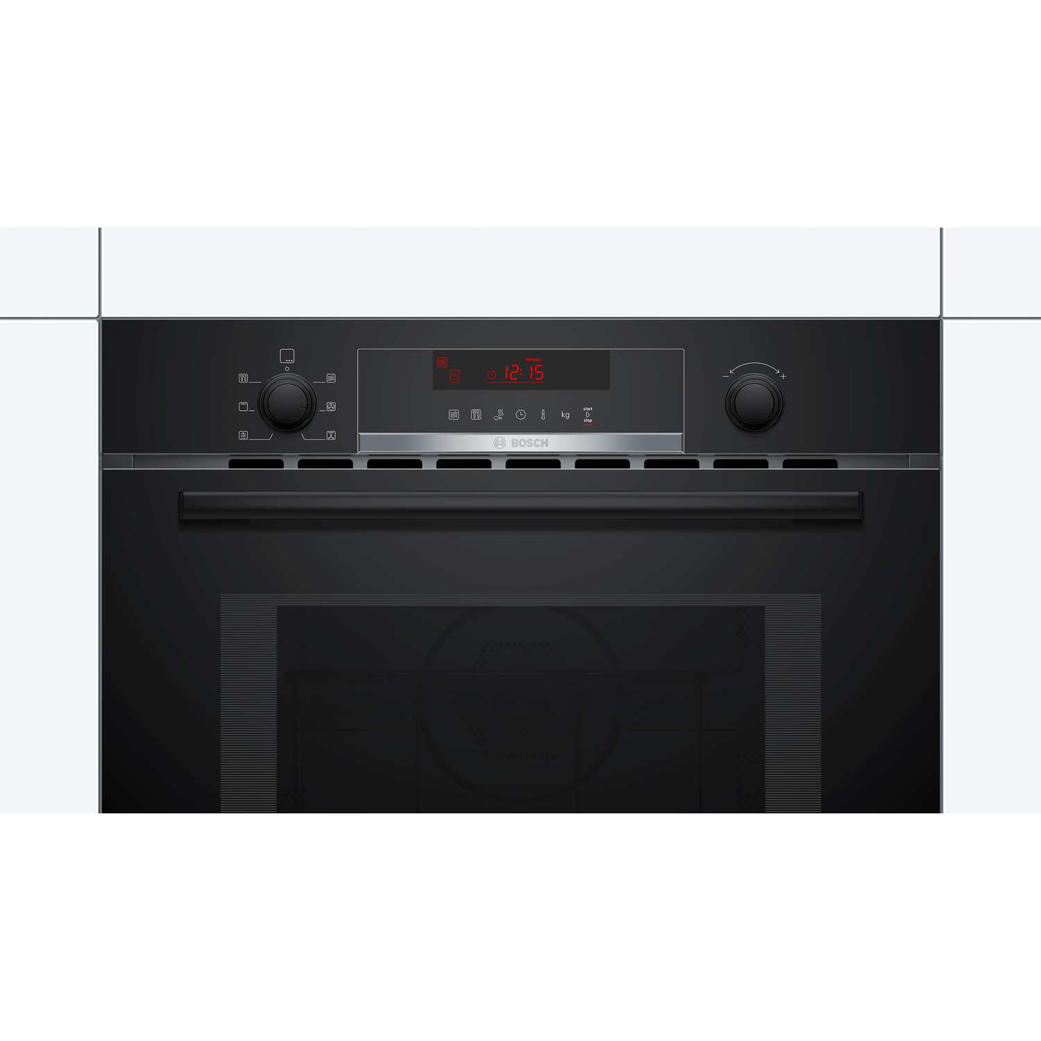 Black oven with display showing time and controls on the left.