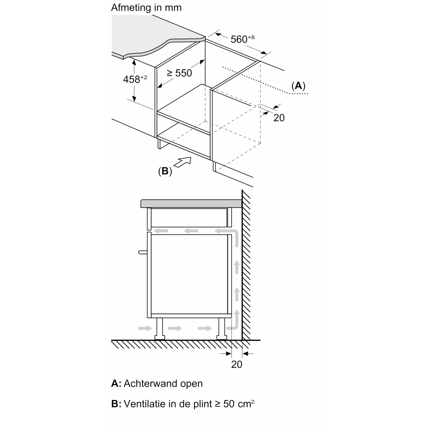 Diagram of a built-in oven installation. Shows dimensions, ventilation requirements, and internal components.