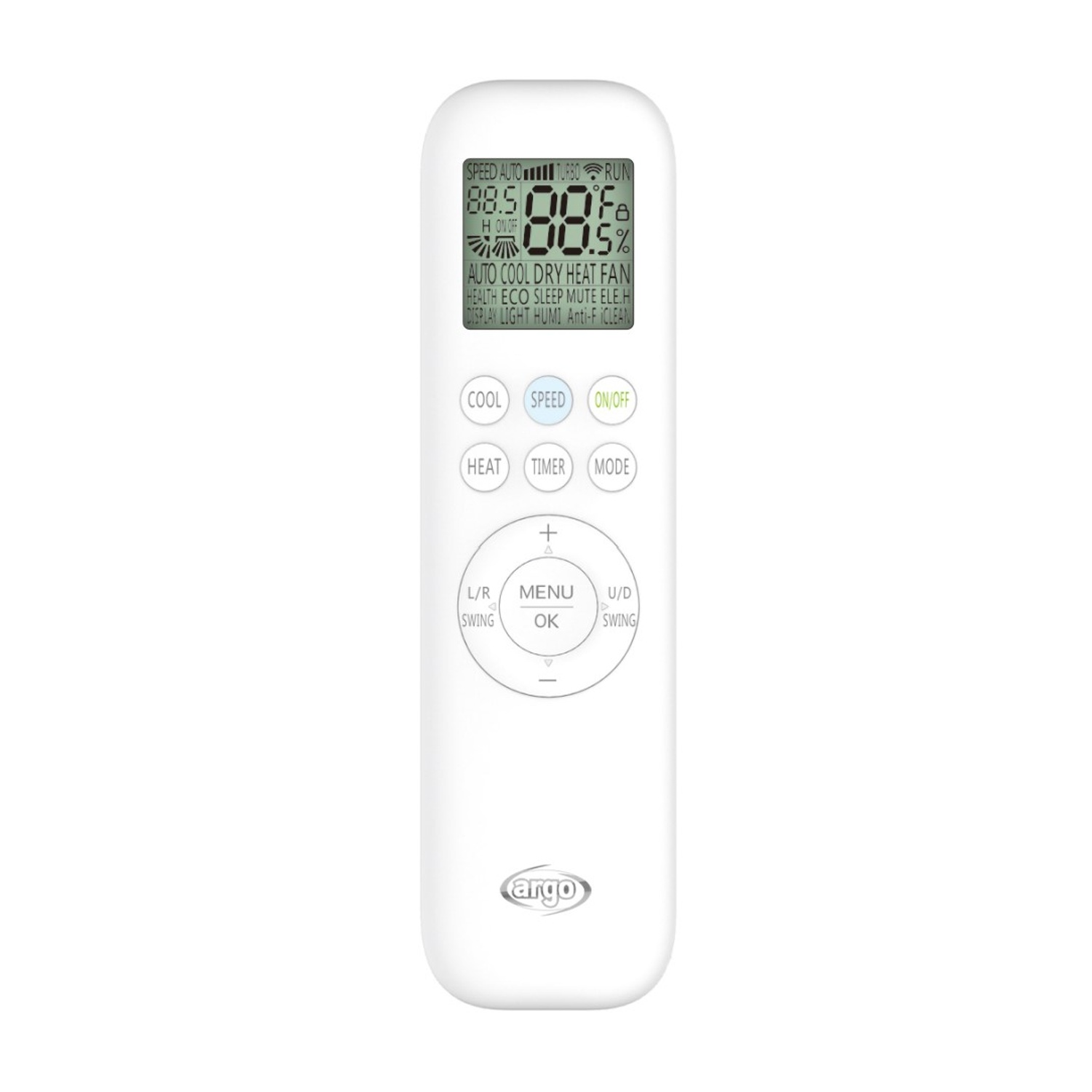Telecomando bianco con display che mostra le temperature e vari pulsanti di controllo.