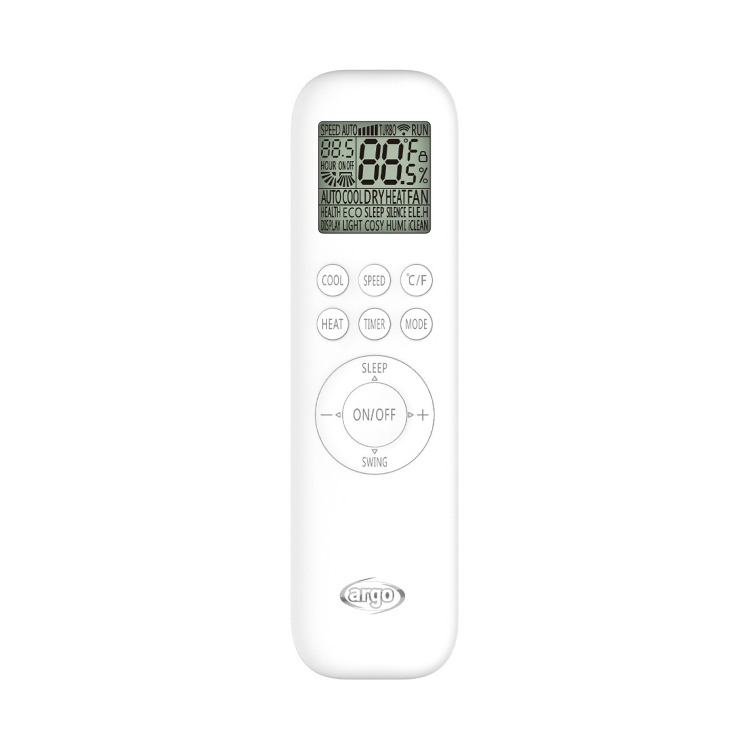 Telecomando bianco con pulsanti e display con temperatura e impostazioni.
