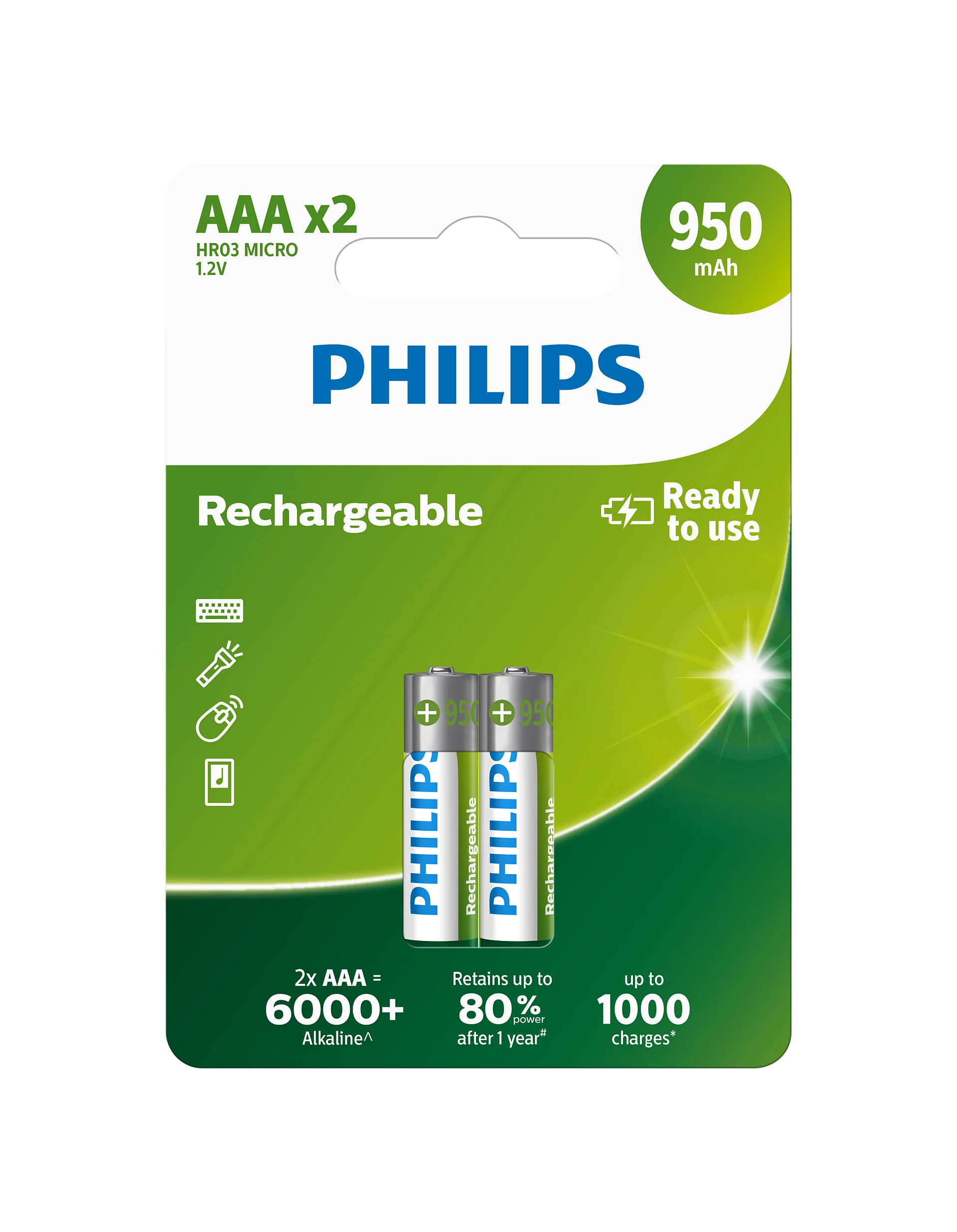 Philips şarj edilebilir AAA piller. Yeşil ve beyaz tasarım ambalaj. Metin dahil.