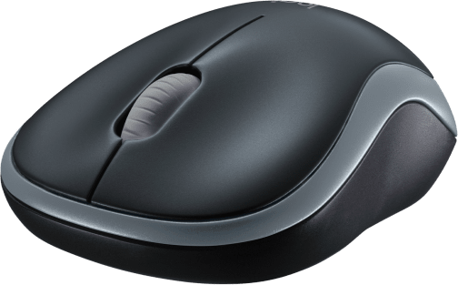 Egy fekete Logitech egér szürke görgetőkerékkel és szürke díszítő vonallal, zöld háttéren.