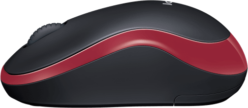 Fekete-piros Logitech egér. Van rajta görgető kerék és oldalsó gombok, zöld háttéren.
