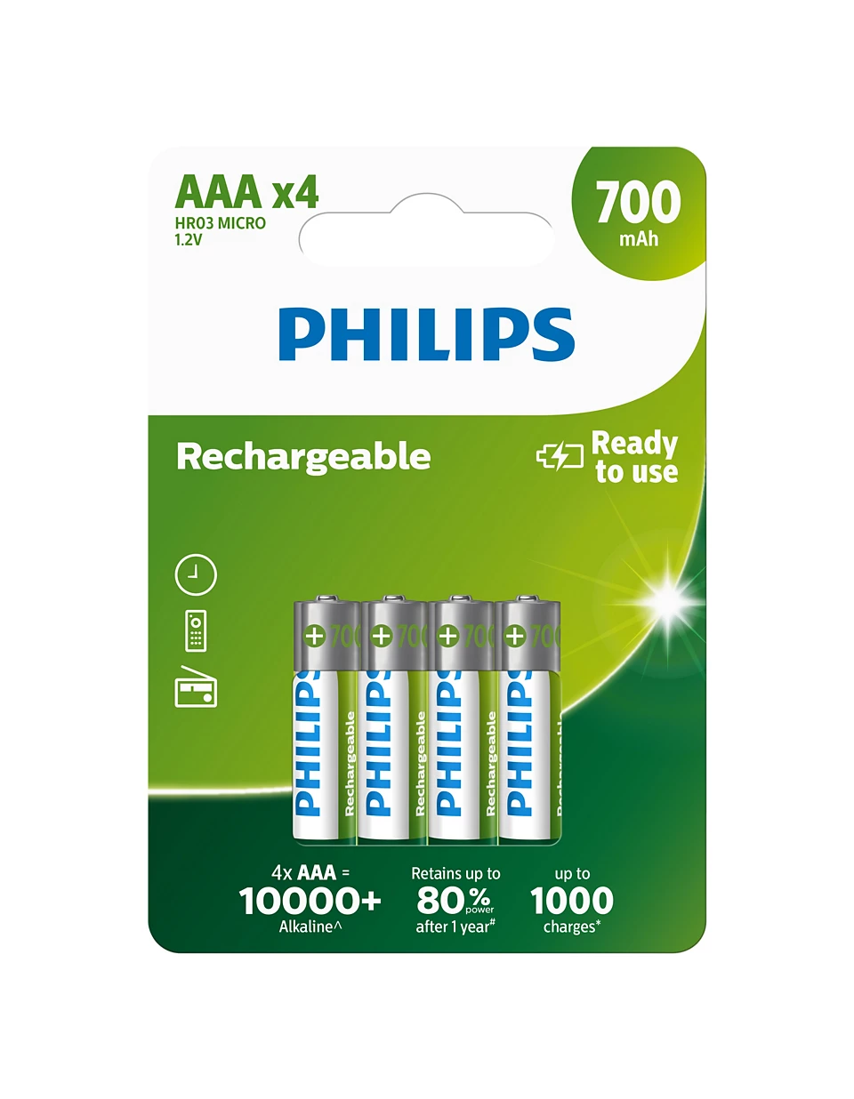 Dört adet AAA pil paketi. Üzerinde 'PHILIPS' yazılı yeşil ve beyaz ambalaj.