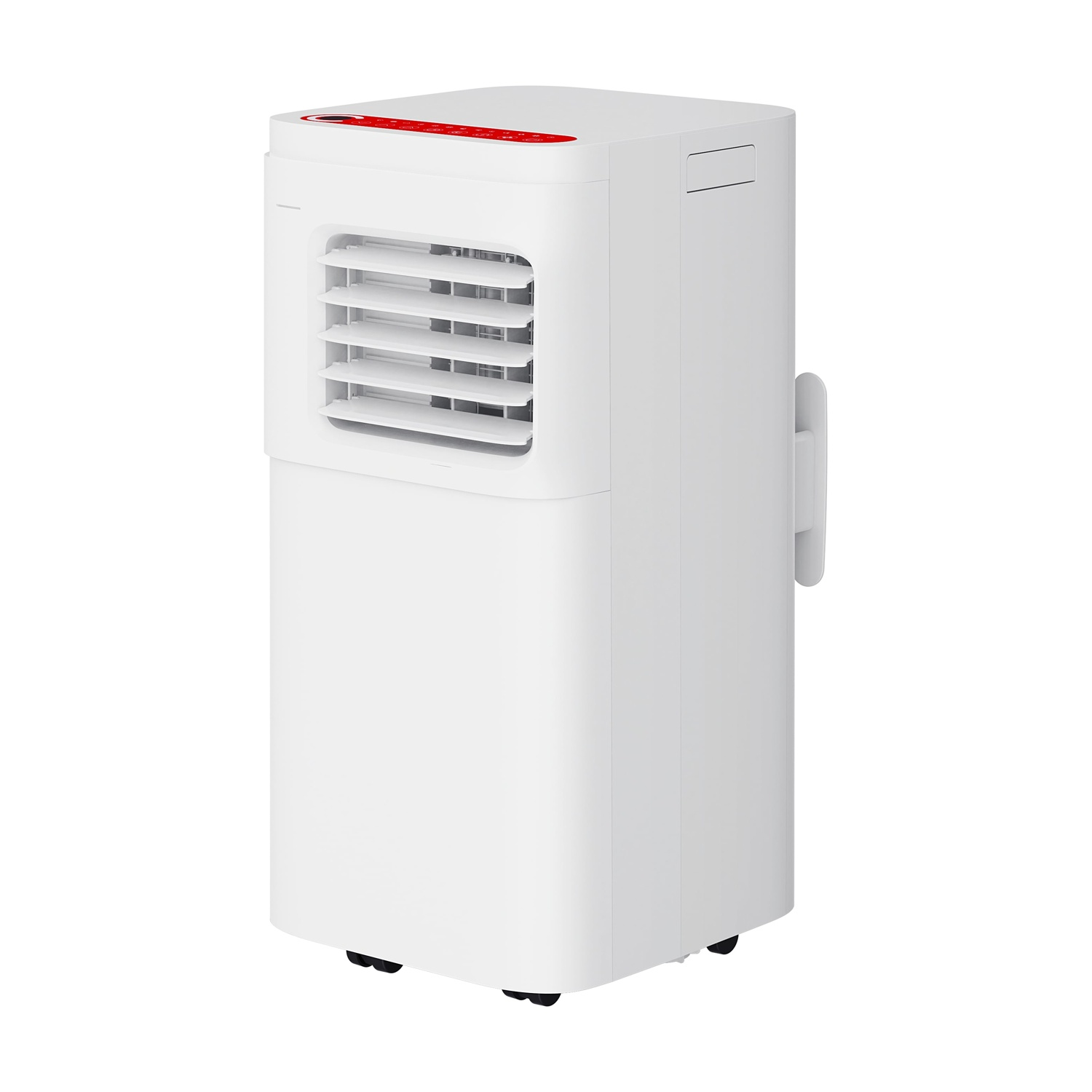 Condizionatore portatile bianco con parte superiore rossa e maniglia laterale.