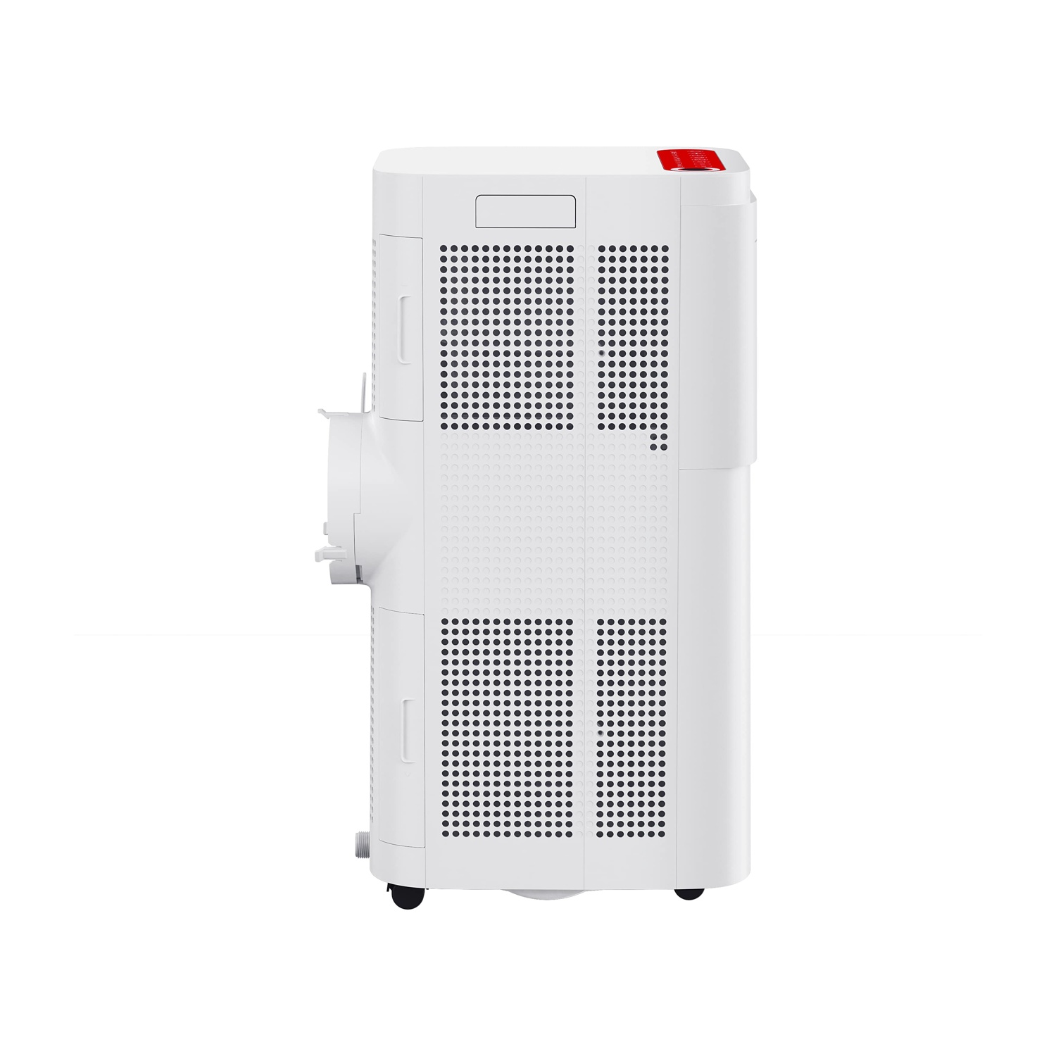 Purificatore d'aria bianco con prese d'aria nere e parte superiore rossa. Forma cilindrica.