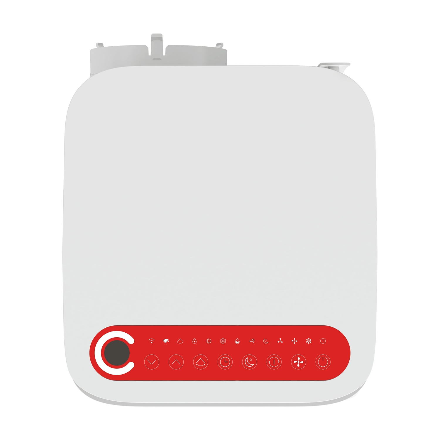 Dispositivo elettronico bianco con pannello di controllo rosso e icone.