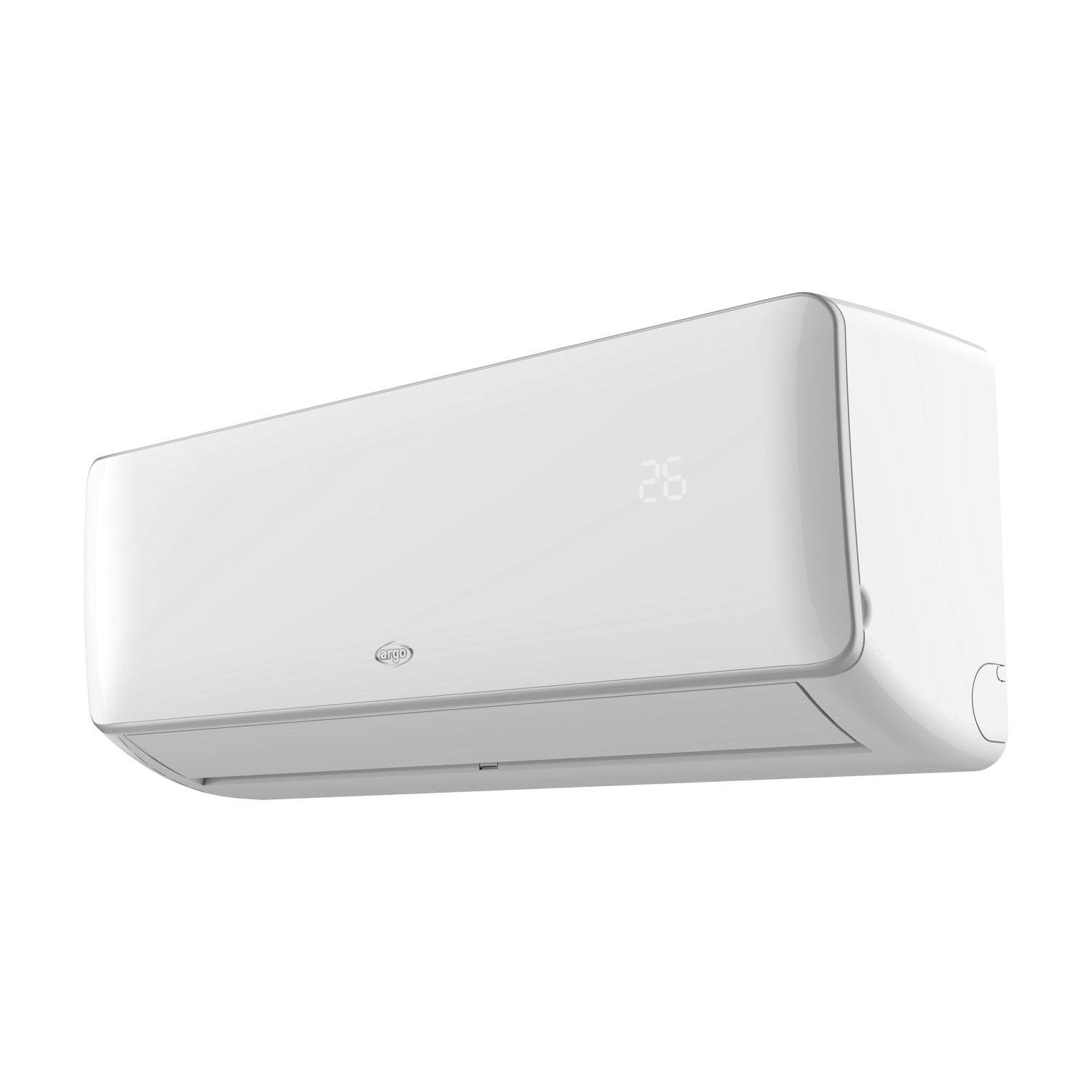 Condizionatore bianco con display digitale che mostra 26, isolato su bianco.