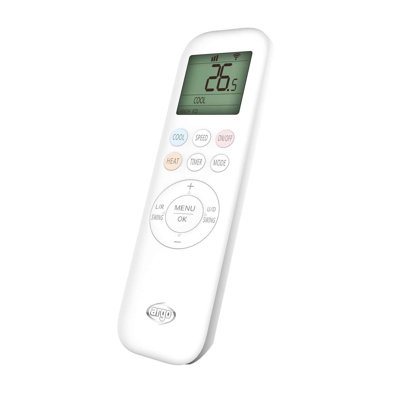 Telecomando bianco con pulsanti e display con temperatura e impostazioni.