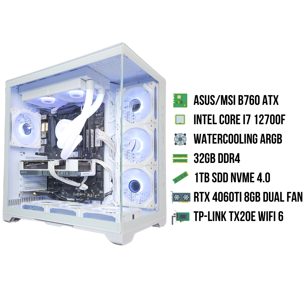 Een witte computerkast met interne componenten, waaronder ASUS/MSI B760 ATX, RTX 4060TI, waterkoeling.
