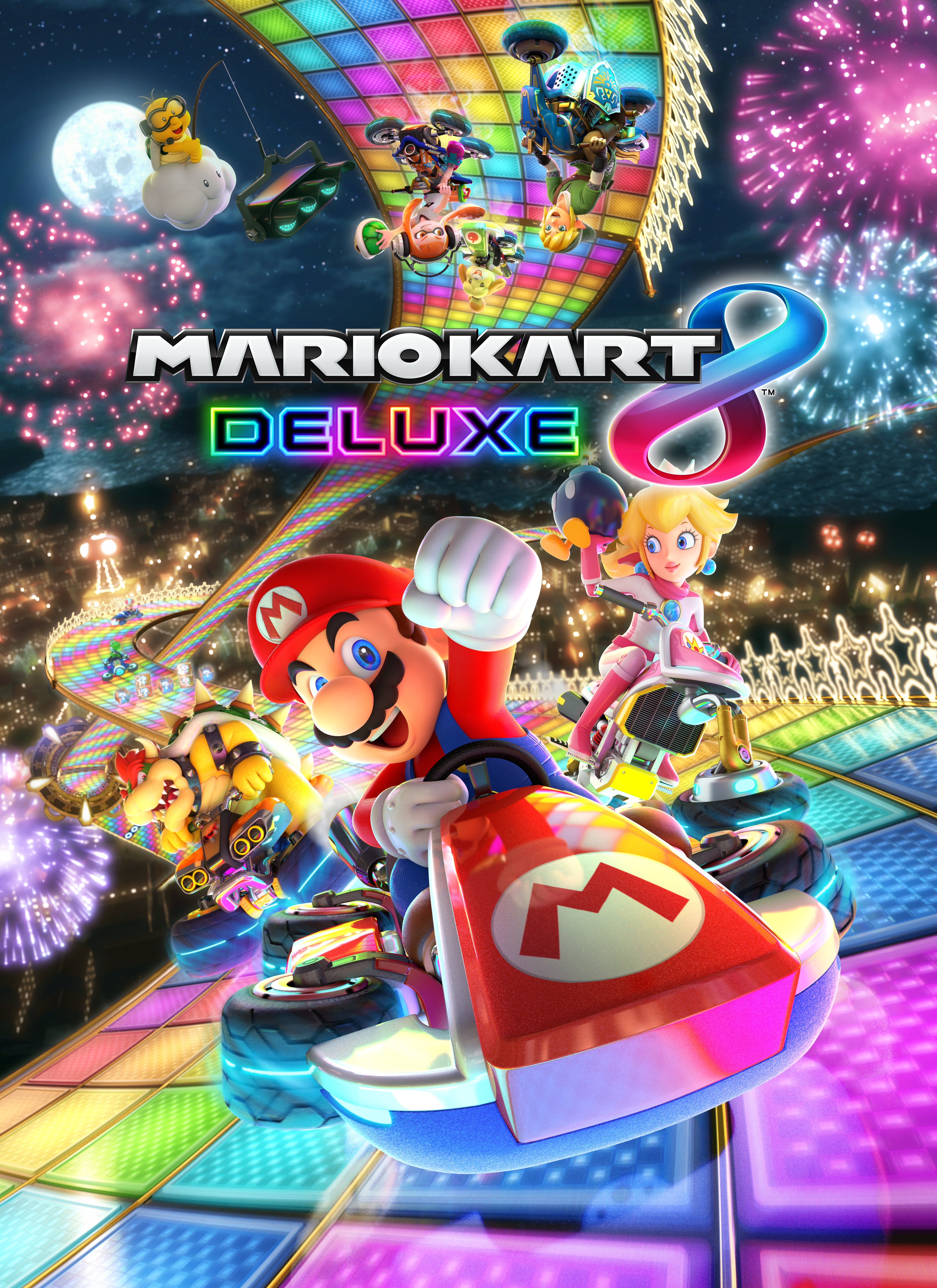 Jaquette de Mario Kart 8 Deluxe. Mario, Peach et Bowser courent sur une piste colorée. Feux d'artifice et ciel nocturne en arrière-plan.