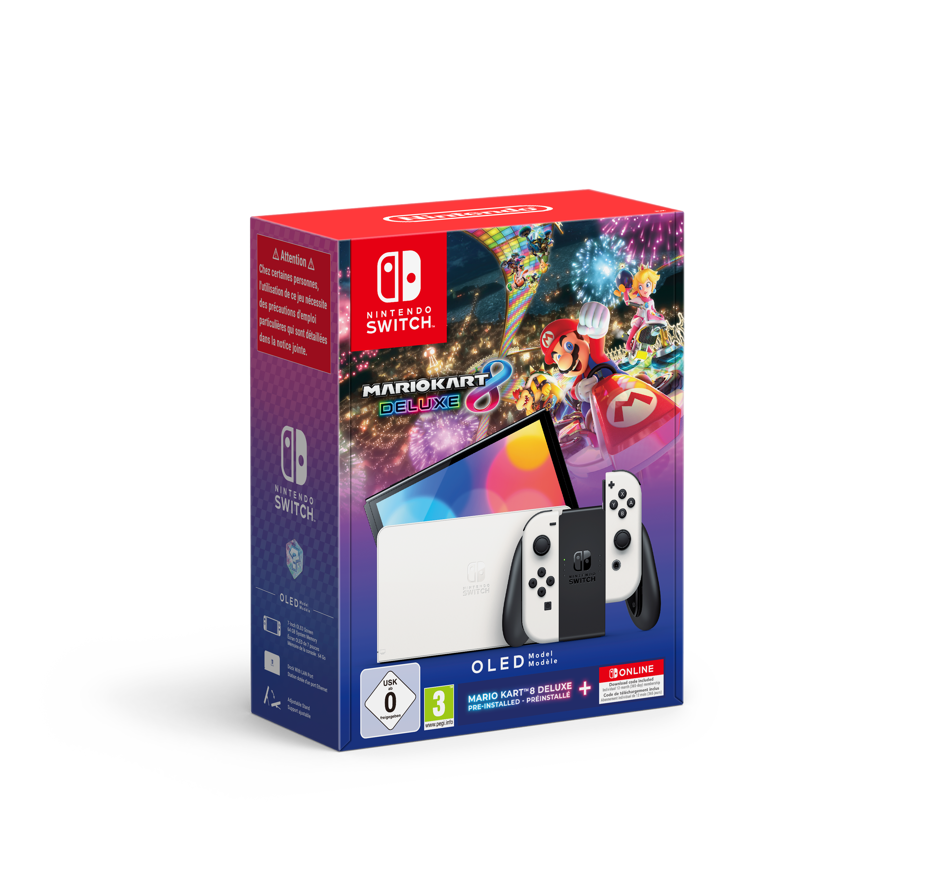 Boîte Nintendo Switch OLED Mario Kart 8 Deluxe avec console, joy-cons et jeu.