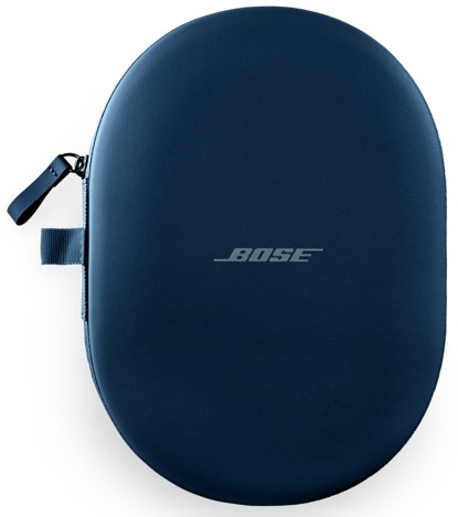 Granatowe, okrągłe etui na słuchawki Bose, zapinane na zamek, z logo Bose z przodu.