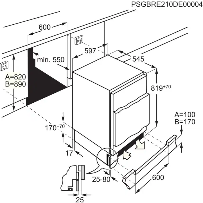 Diagramm einer Spülmaschine mit Abmessungen.