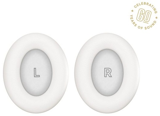 Dwie białe wkładki do uszu z literami L i R.
