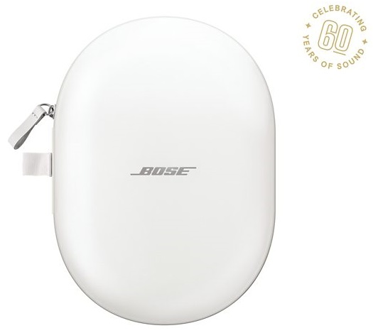 Białe etui na słuchawki Bose z zamkiem błyskawicznym. Widoczne logo Celebrating 60 Years of Sound.