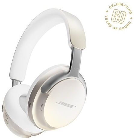 Białe i srebrne słuchawki Bose, pod kątem, z tekstem: Celebrating 60 Years of Sound.