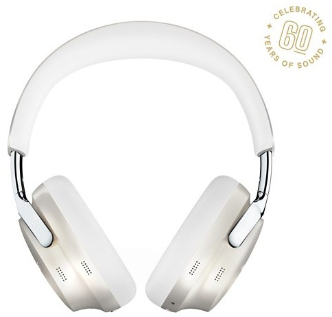 Białe słuchawki ze srebrnymi akcentami i napisem 'Celebrating 60 Years of Sound' na białym tle.