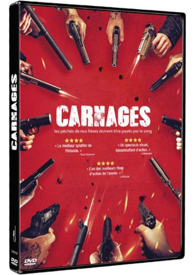 DVD-hoes voor de film Carnages. Wapens en handen op een rode achtergrond.